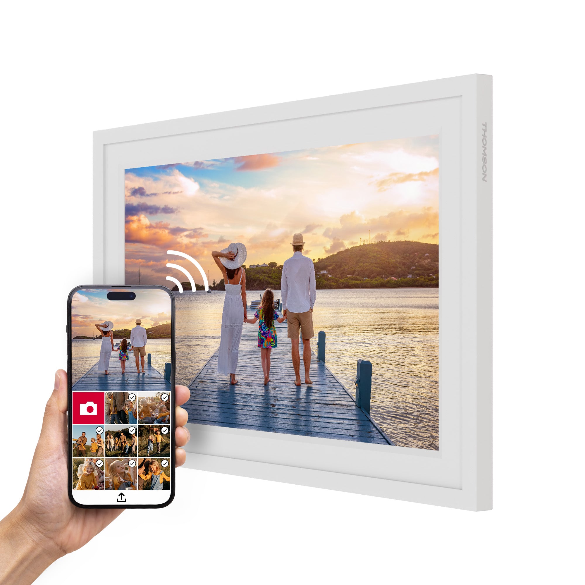Digital photo frame displaying a family on a dock with a smartphone showing photo selection interface.