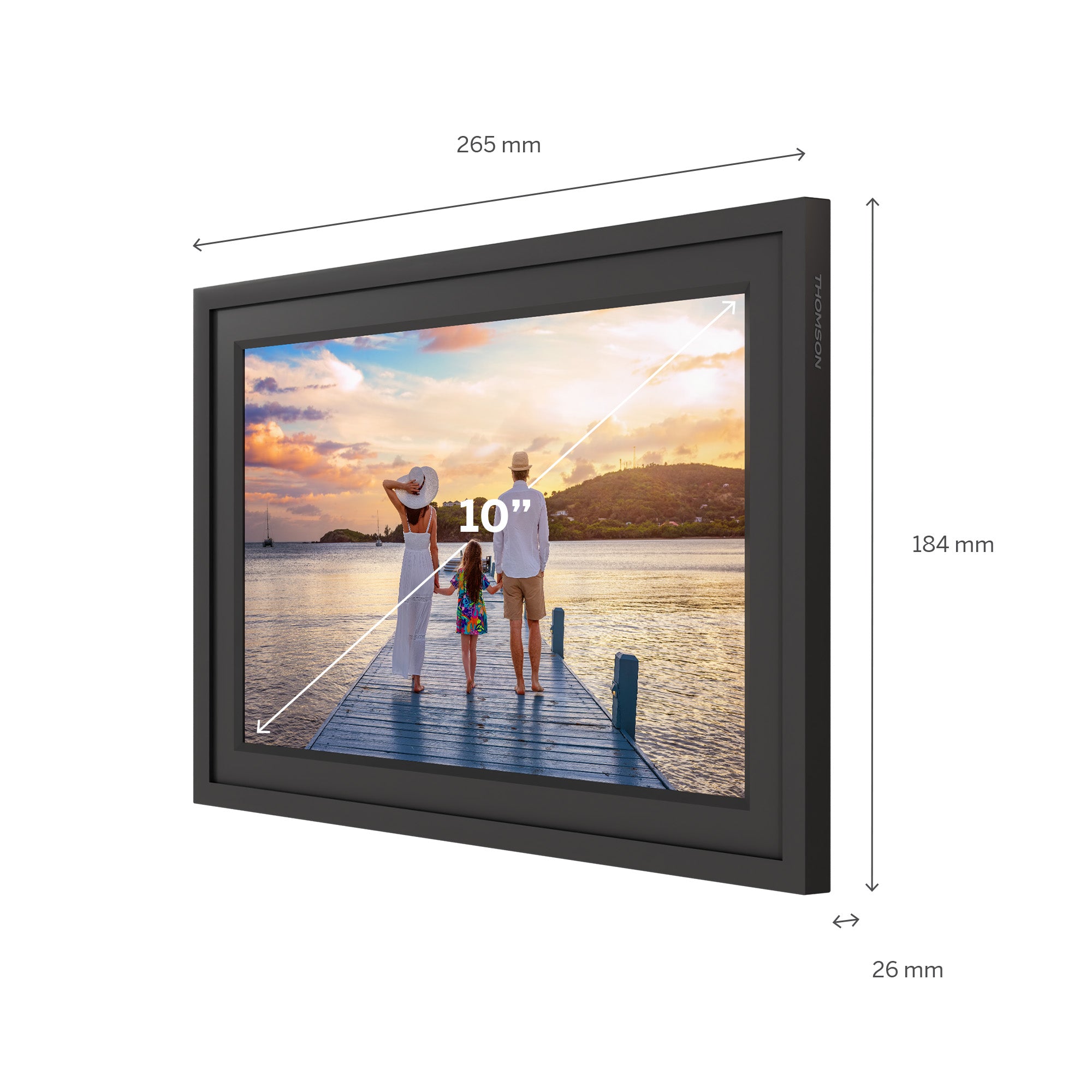 Digital photo frame with dimensions displayed on a white background