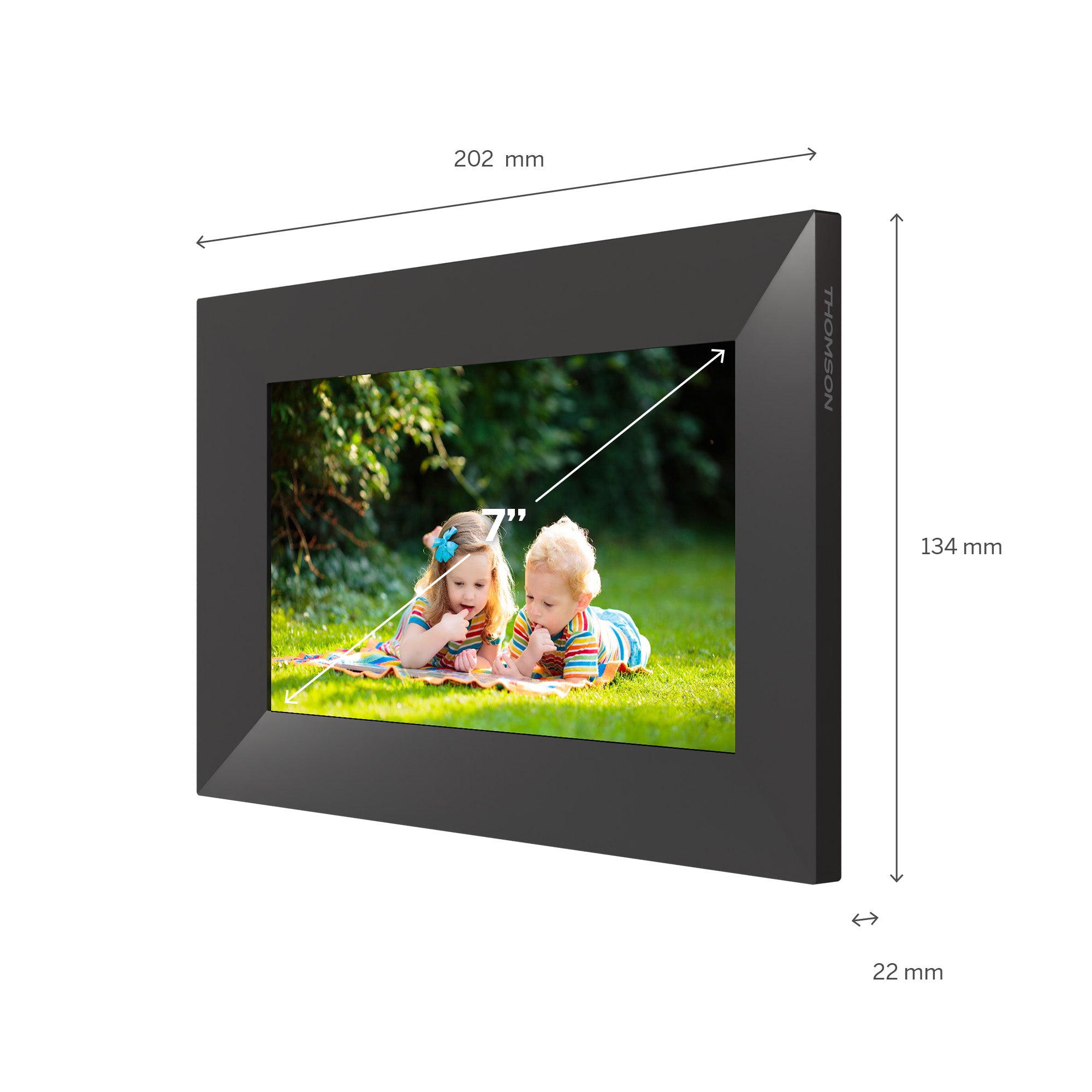 Black digital photo frame with dimensions displayed on a white background