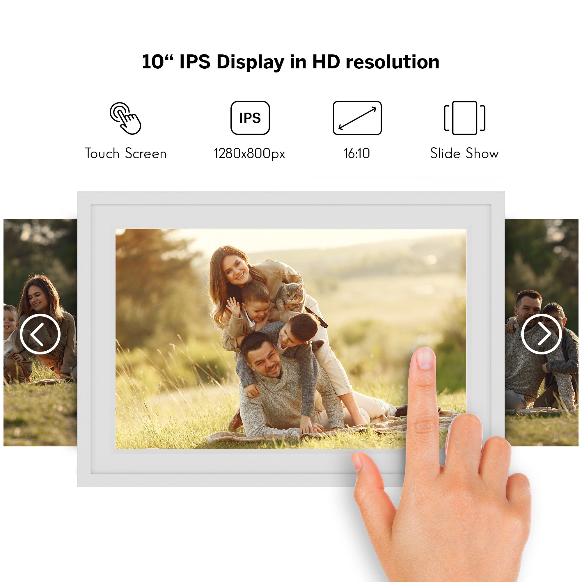 Digital photo frame displaying a family photo with touch screen features highlighted.