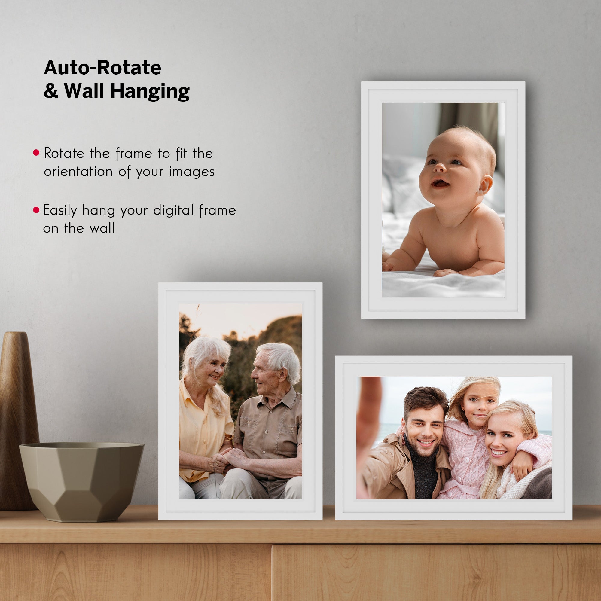 Digital photo frames displaying family photos on a wall with text about auto-rotation and wall hanging.