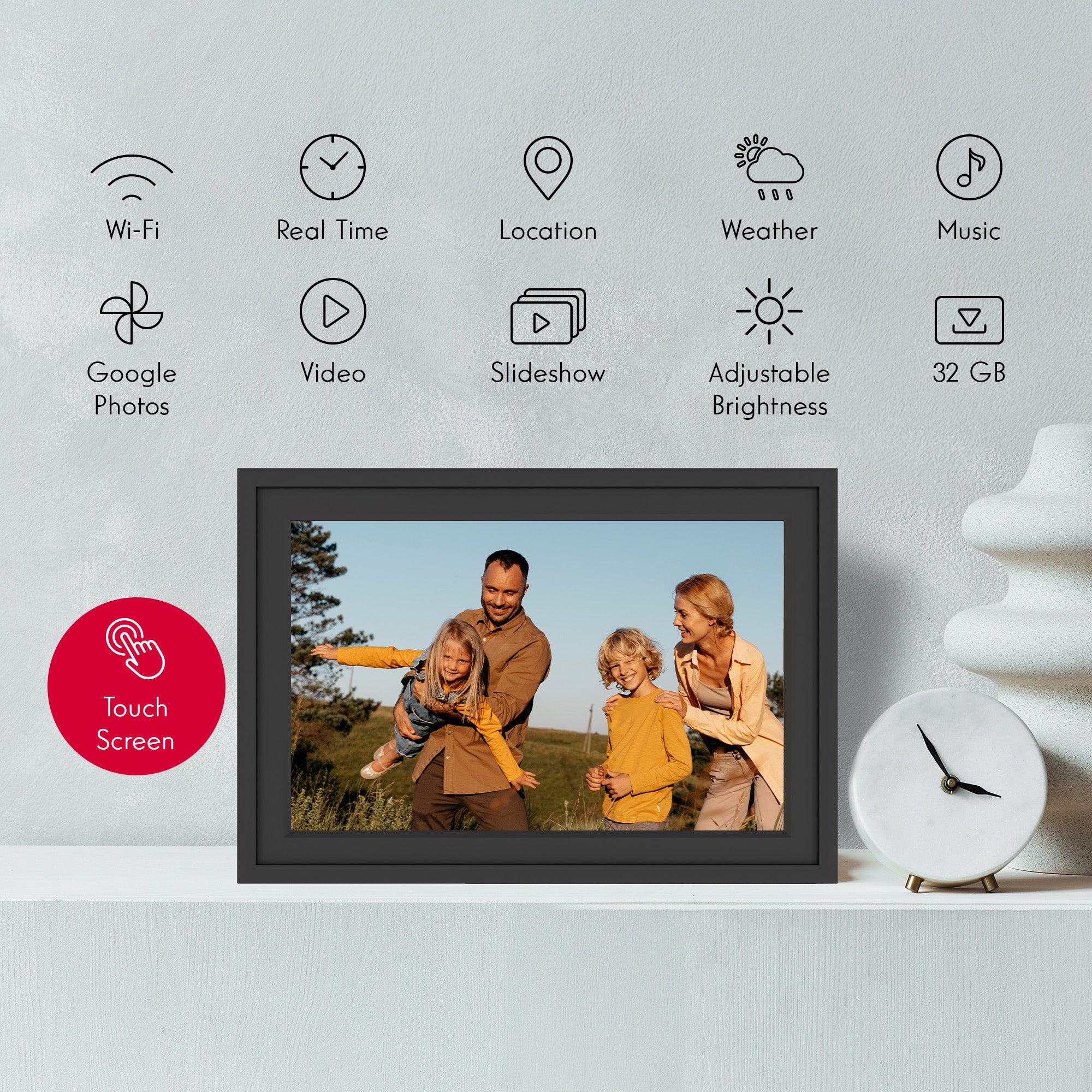 Digital photo frame with family photo on a white surface, surrounded by icons and text.
