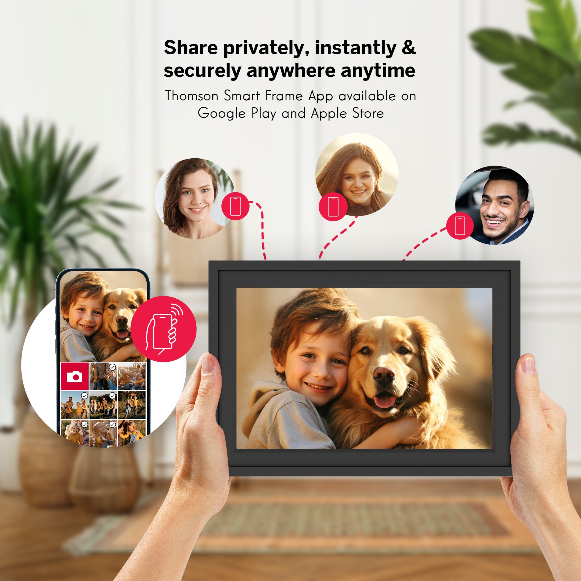 Digital photo frame showing a boy and dog with smartphone app interface, placed on a wooden surface.