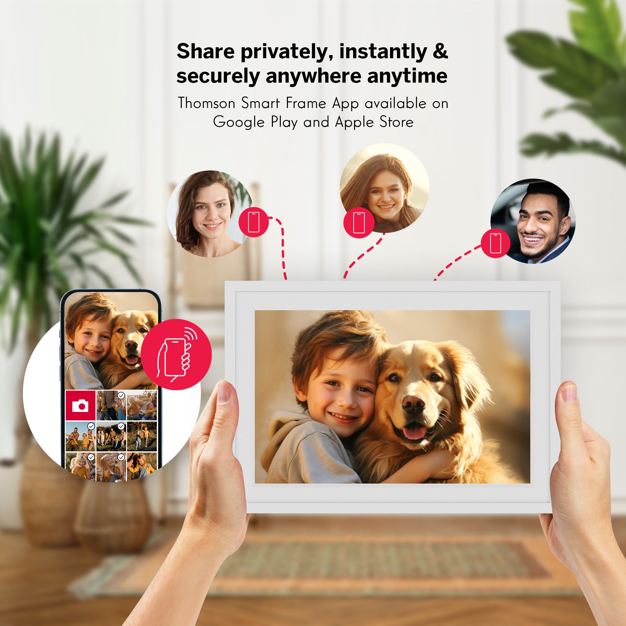 Smart photo frame displaying a child and dog with a phone app on the left, surrounded by decorative elements.