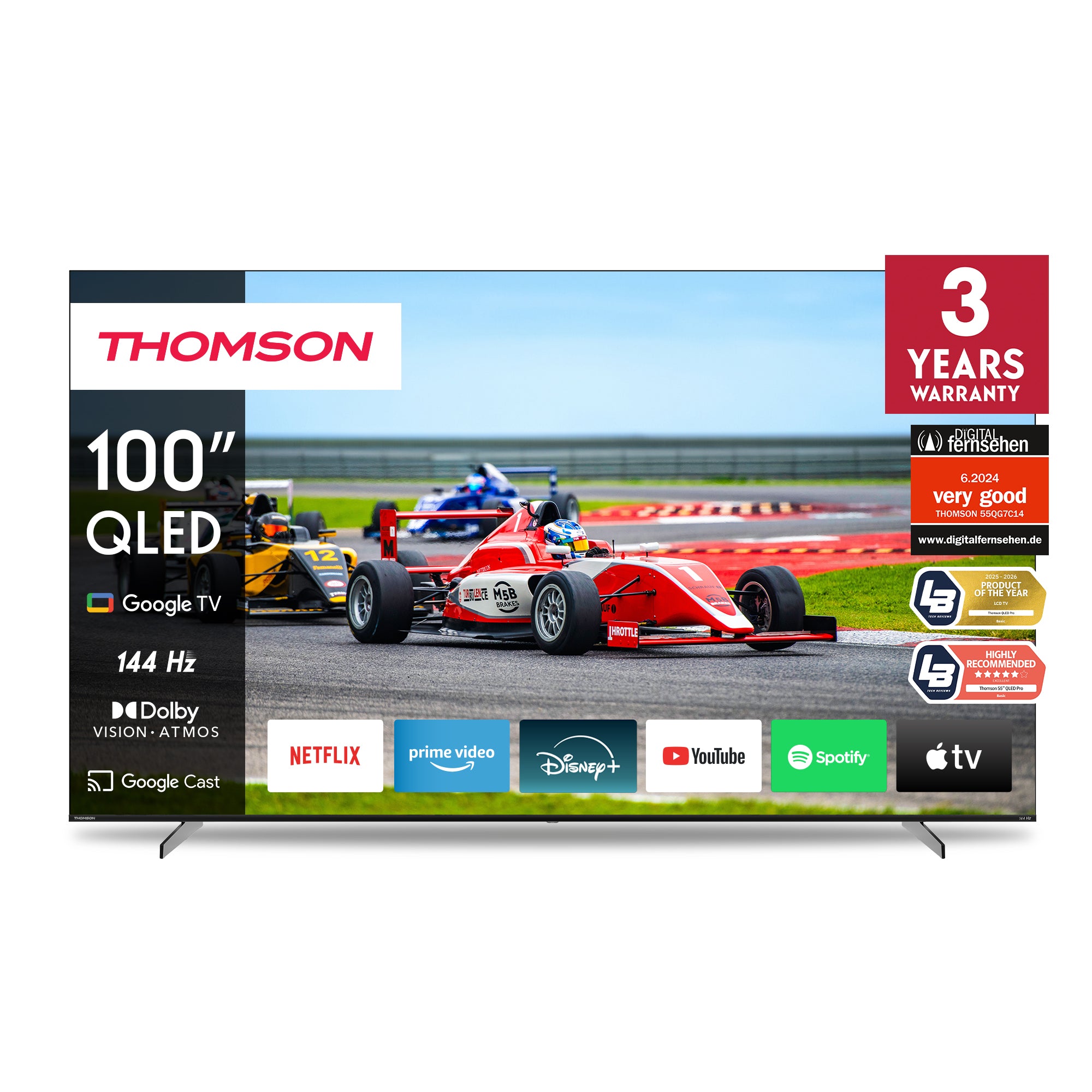 Thomson QLED TV displaying a racing car on the screen with various app icons below.
