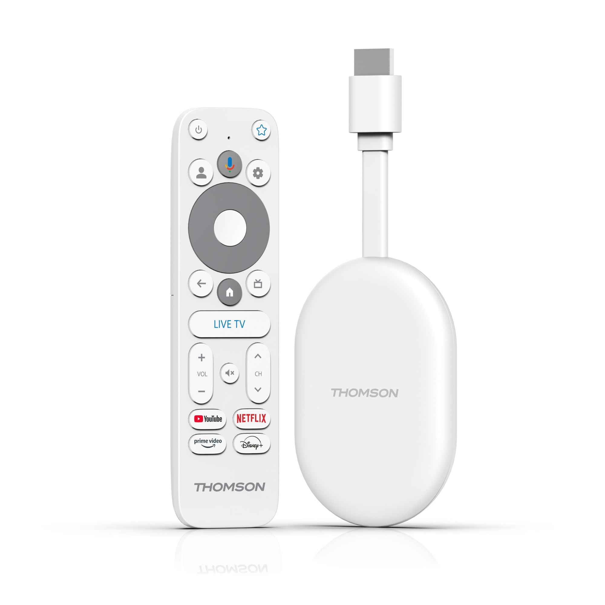 Thomson TV streaming dongle with remote control on a white background