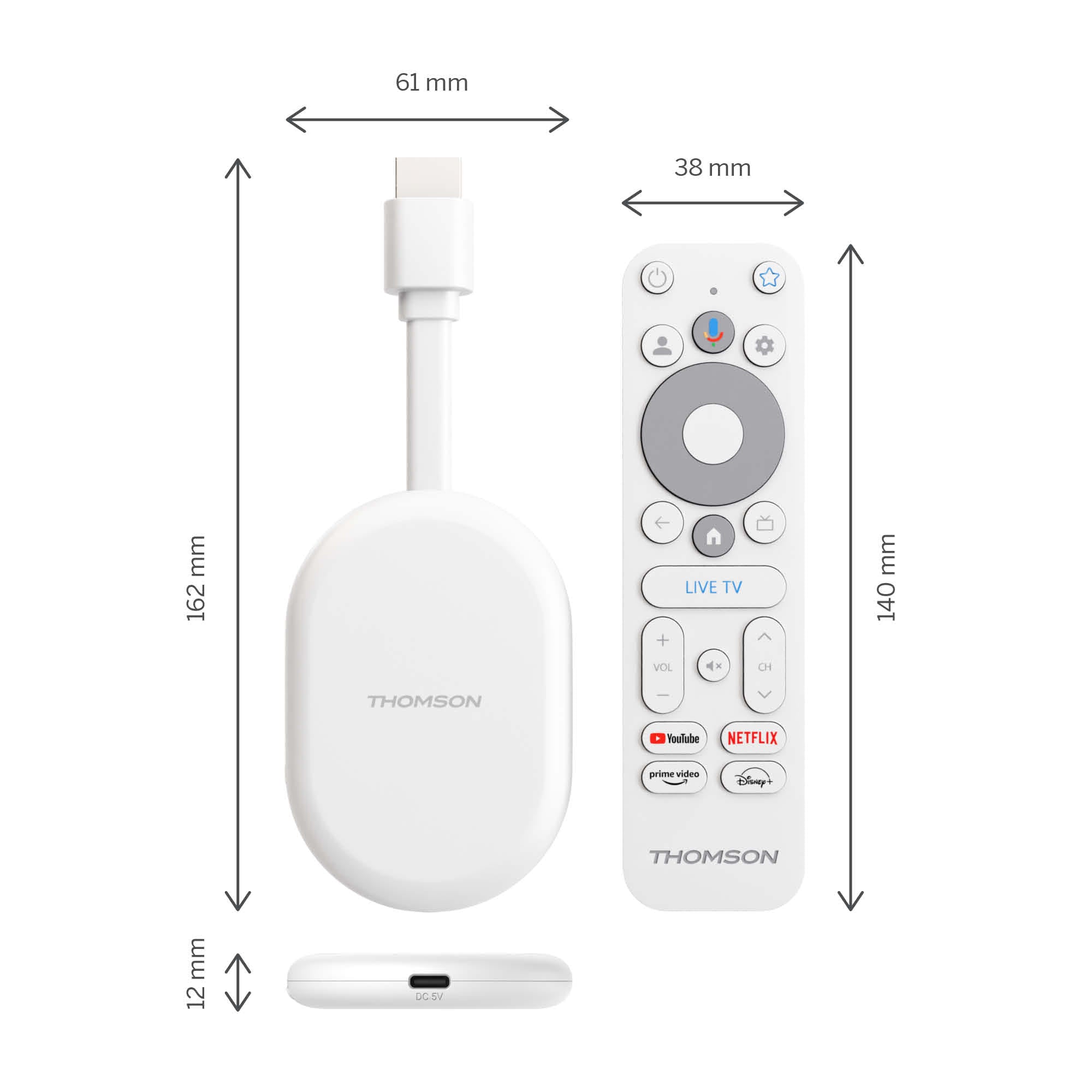 Thomson remote control and streaming device with dimensions on a white background