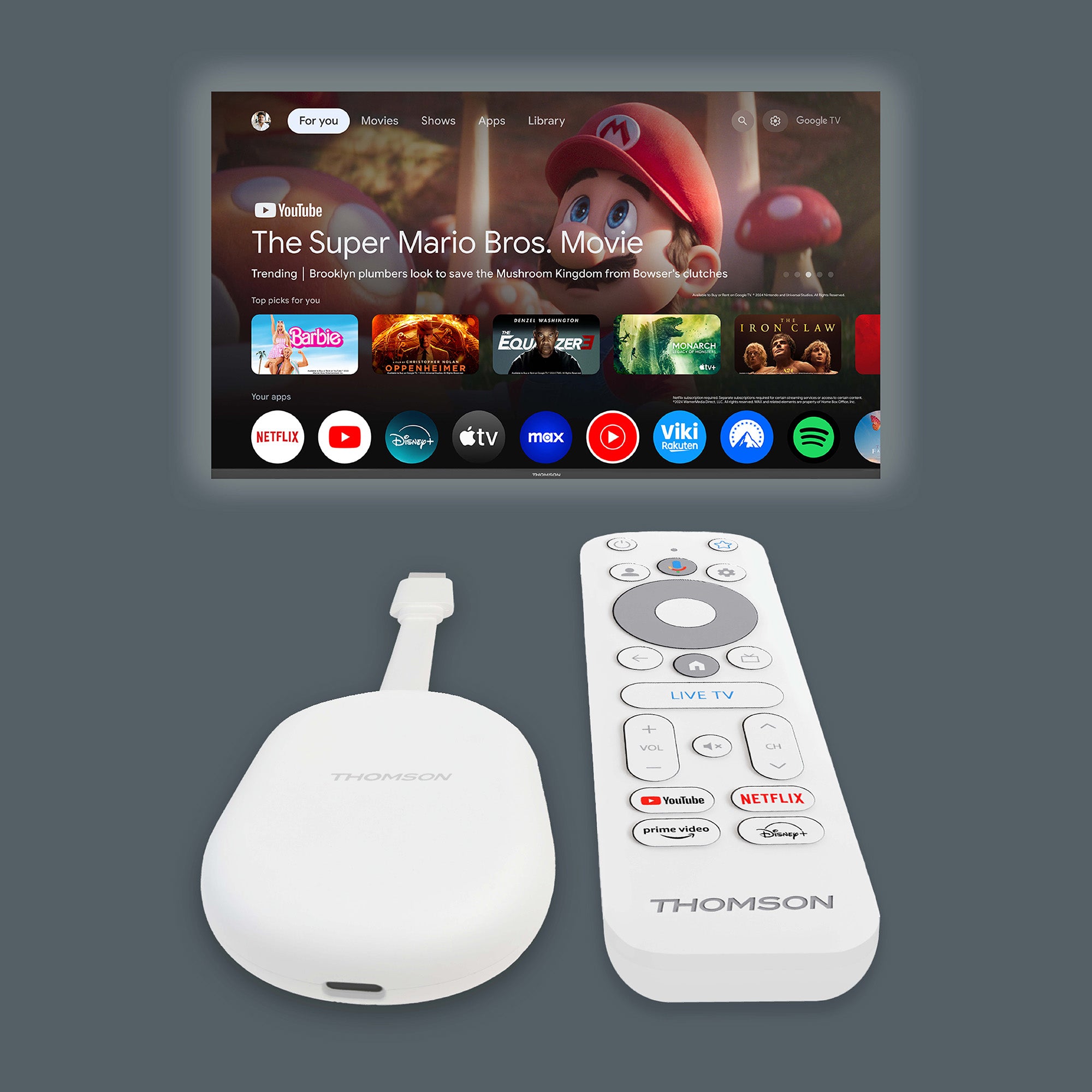 Thomson streaming device and remote control with a screen displaying a media player interface.