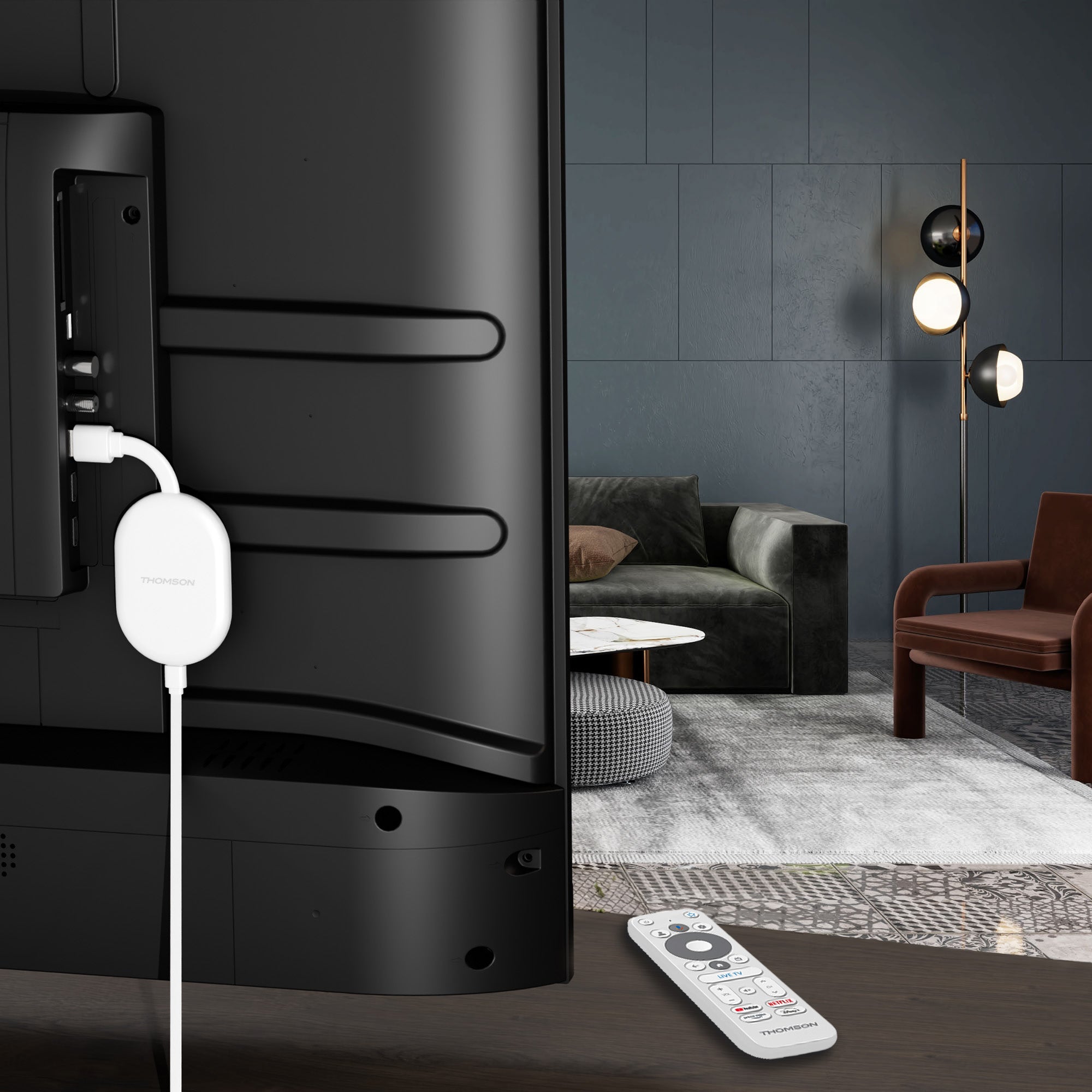 Modern living room with a black entertainment console, white cable, and remote control.