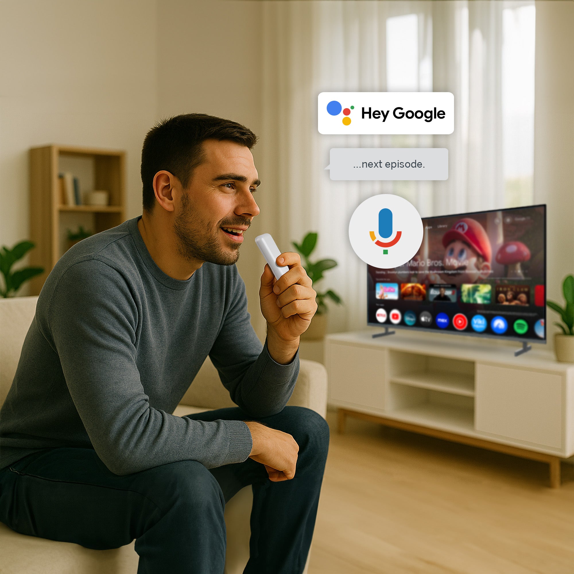 Man sitting on a couch using a remote control with a TV displaying a streaming interface in the background.