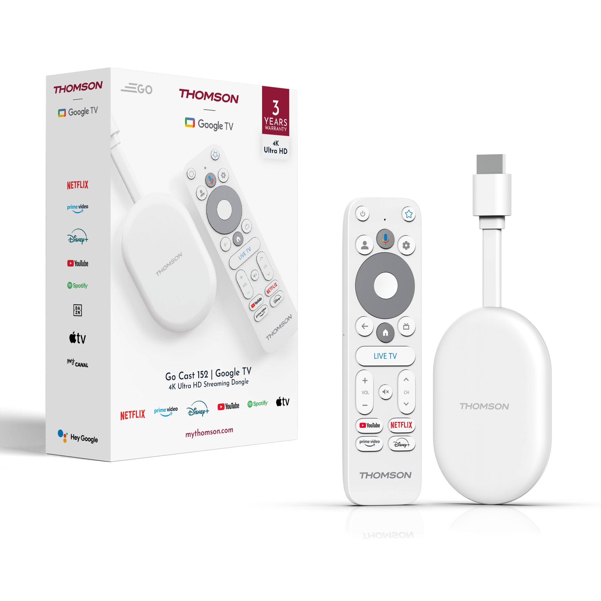 Thomson Google TV streaming device with remote control and packaging on a white background