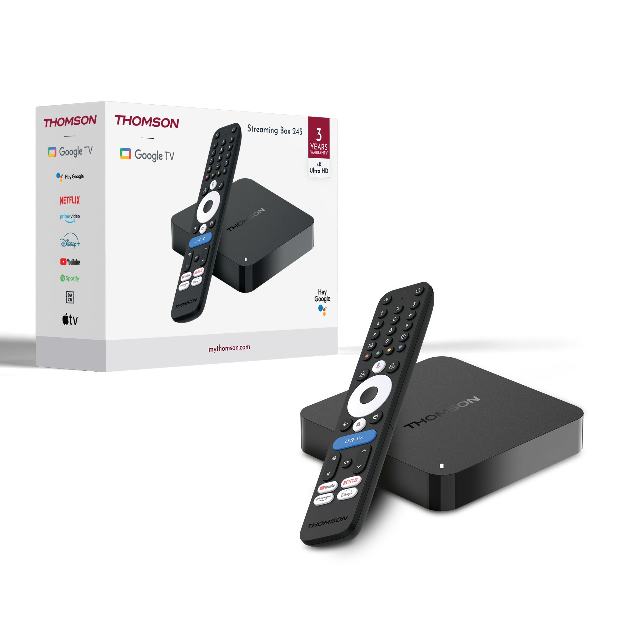 Thomson streaming box with remote control and packaging on a white background