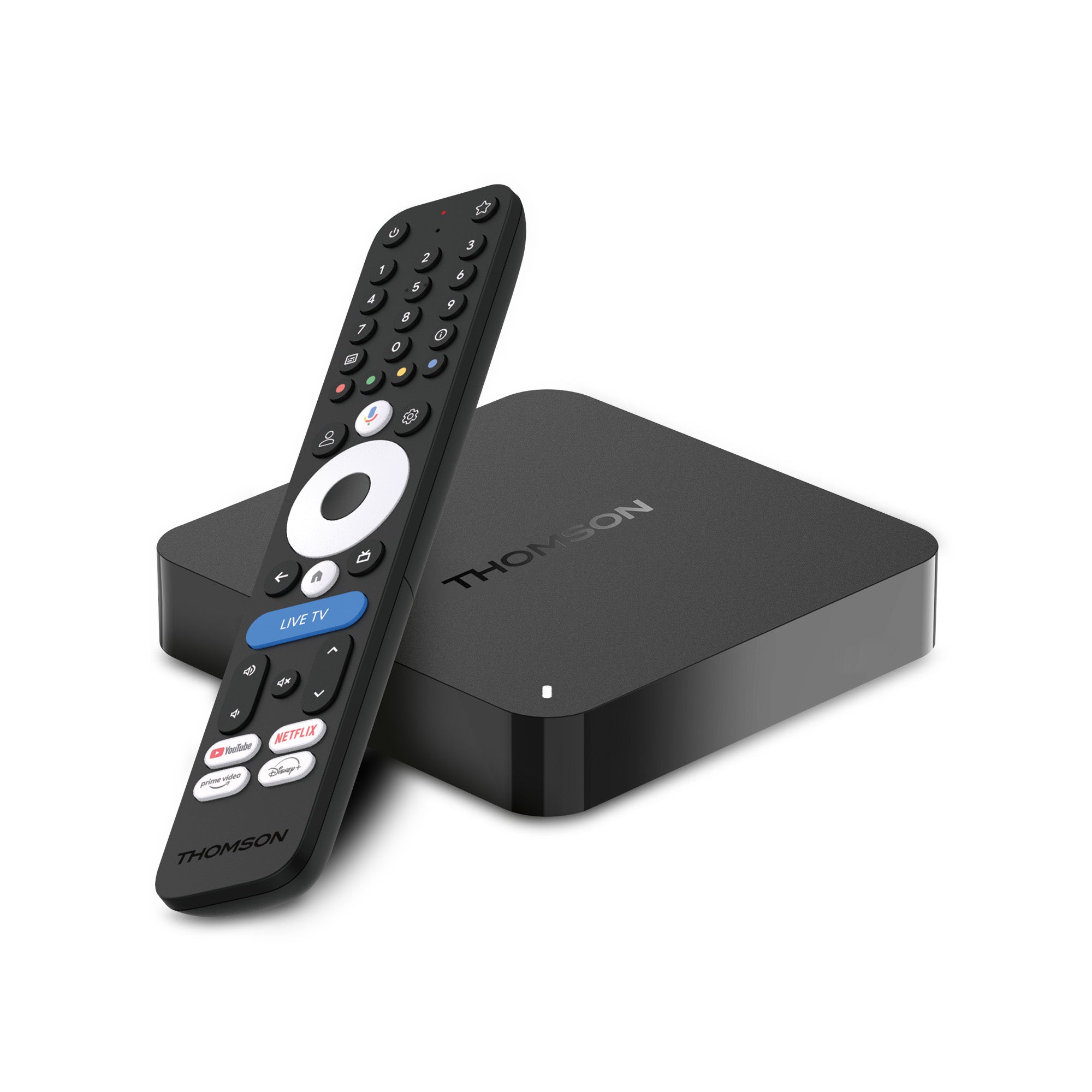 Thomson streaming box with remote control on a white background