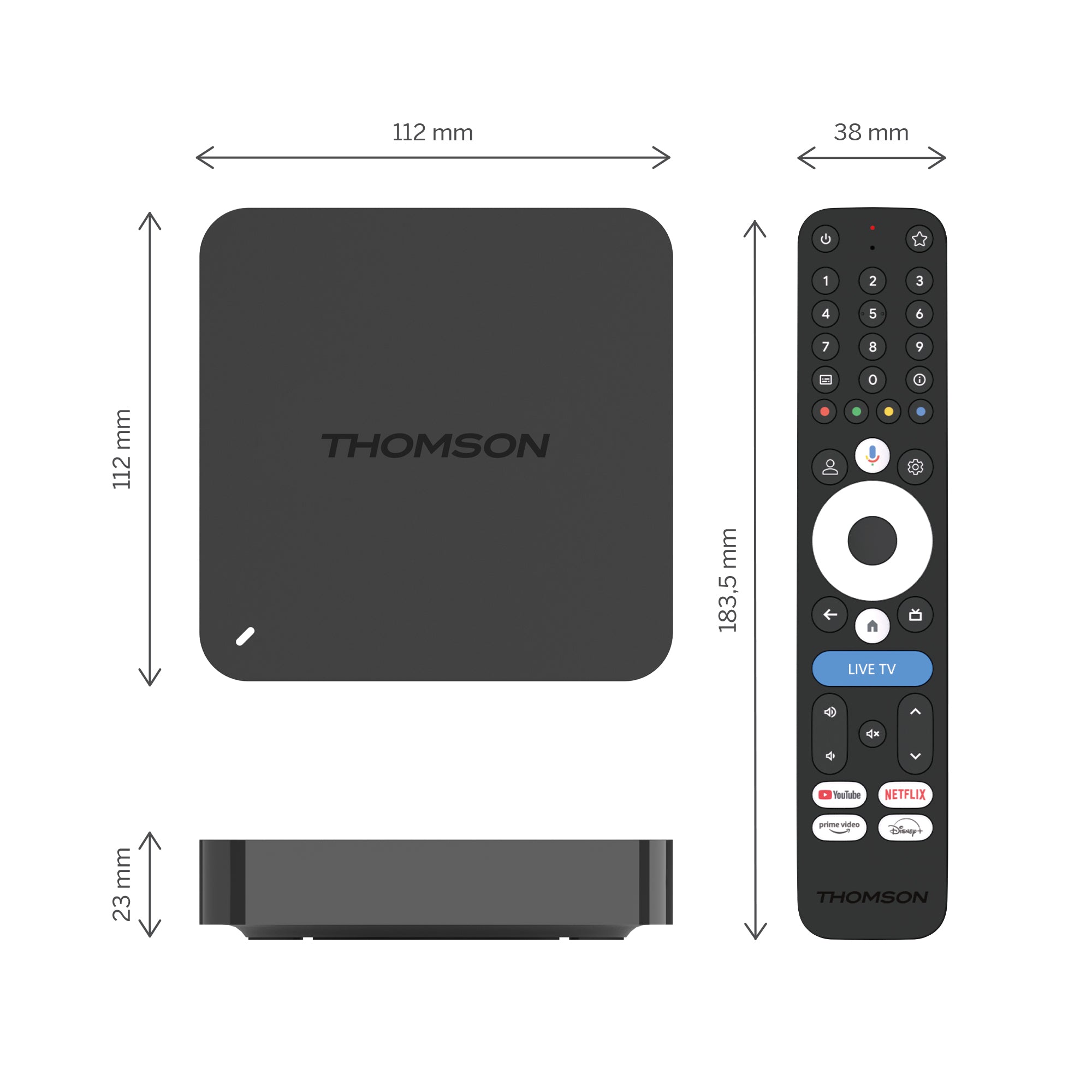 Thomson streaming device and remote control with dimensions on a white background