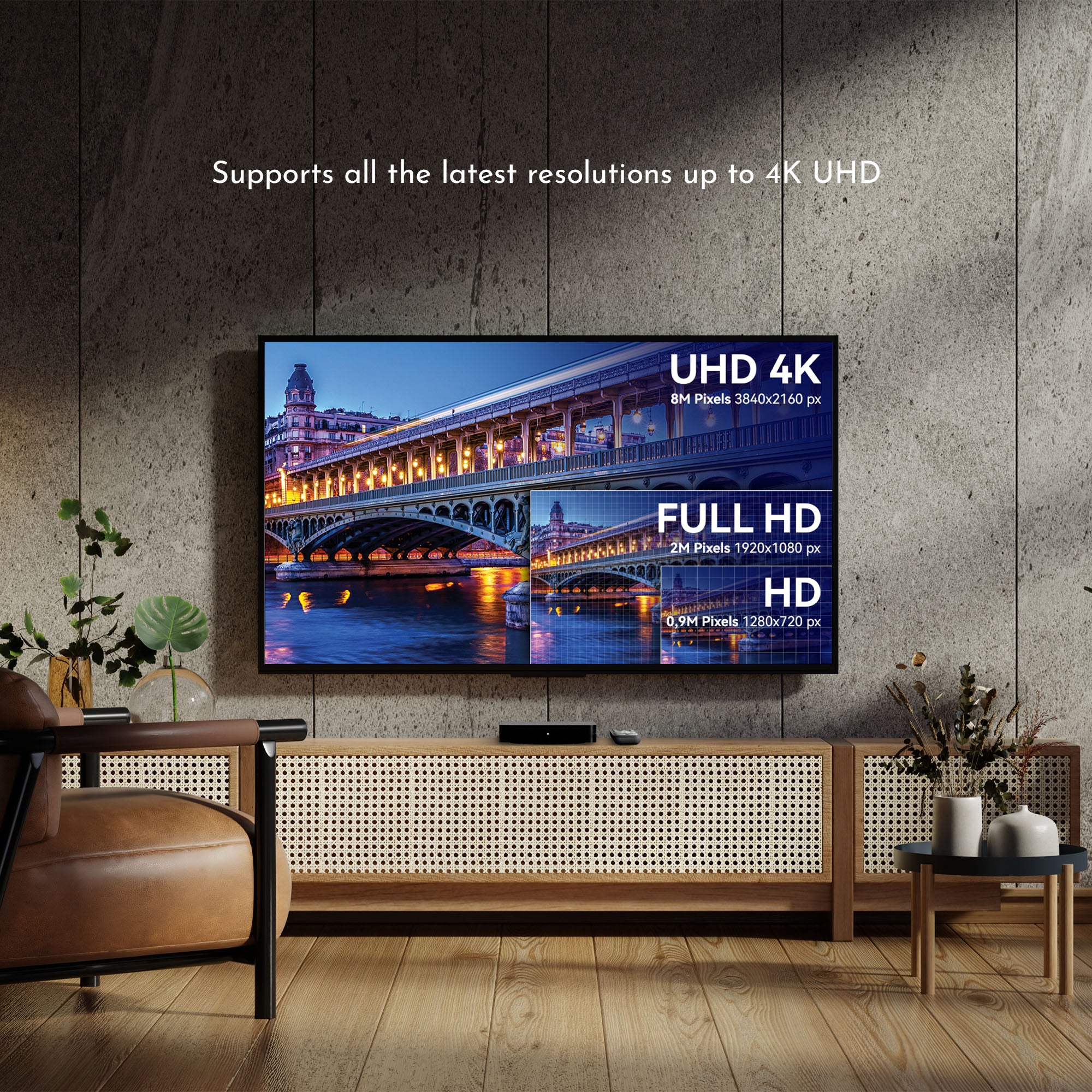 TV displaying 4K UHD resolution on a wall in a living room setting.