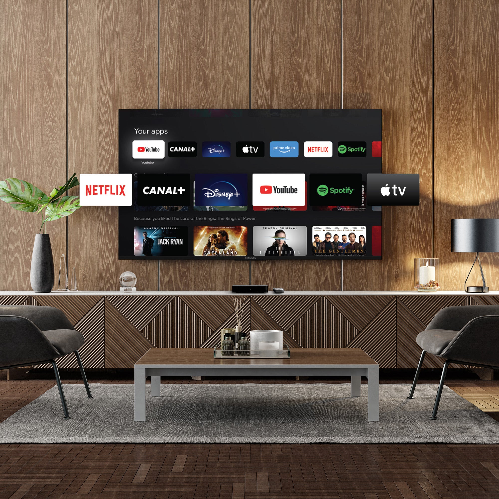 Smart TV displaying streaming app icons in a modern living room.