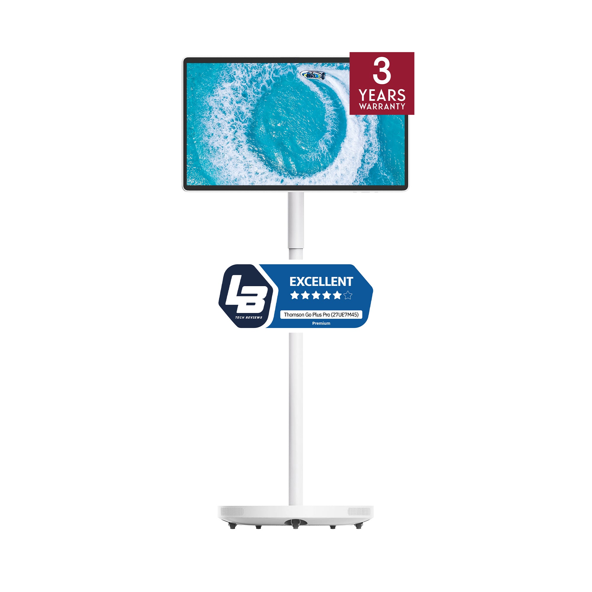 Mobile screen on wheels with a warranty label and LB logo on a white background