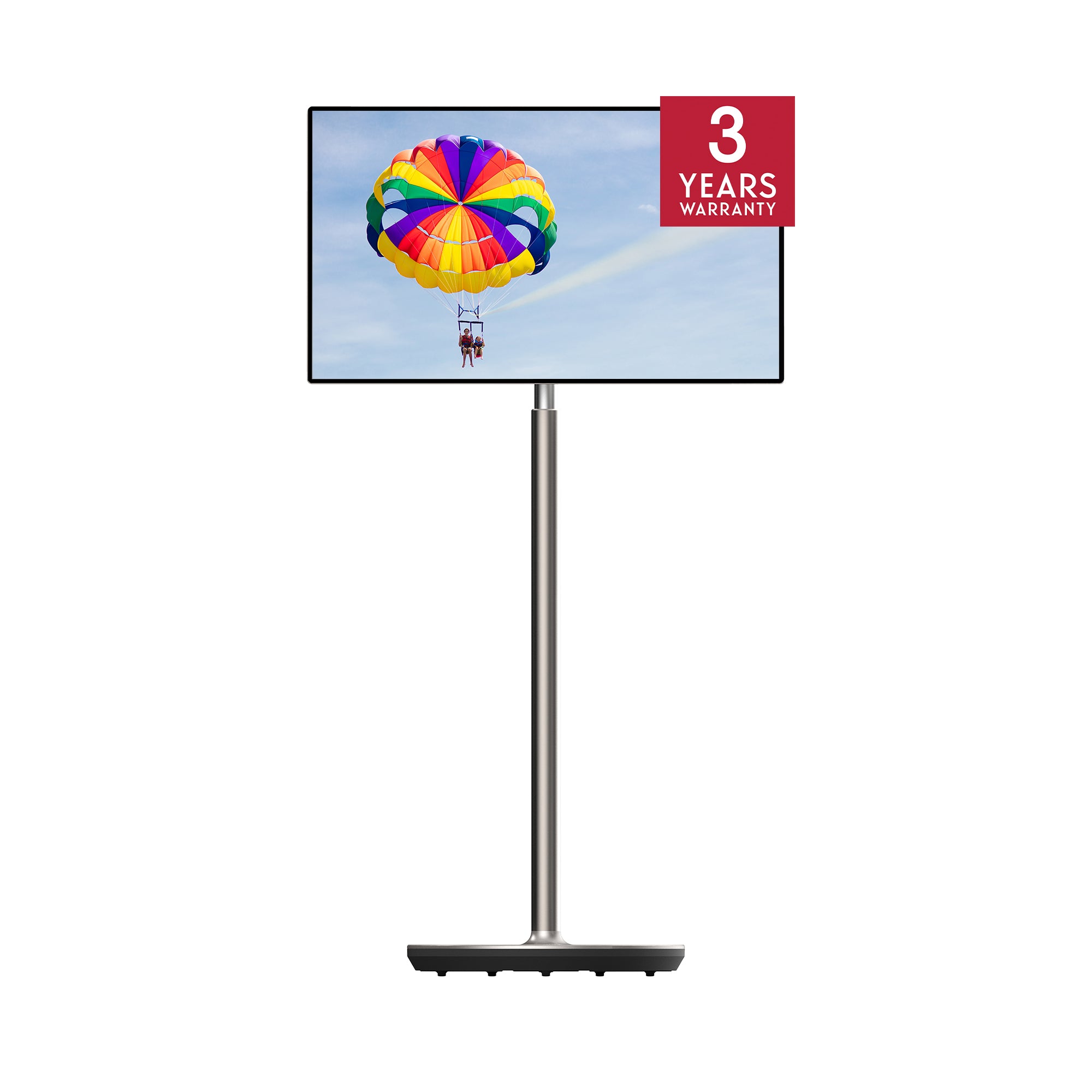 Display on a stand with a colorful parachute graphic on the screen and a 3-year warranty badge.