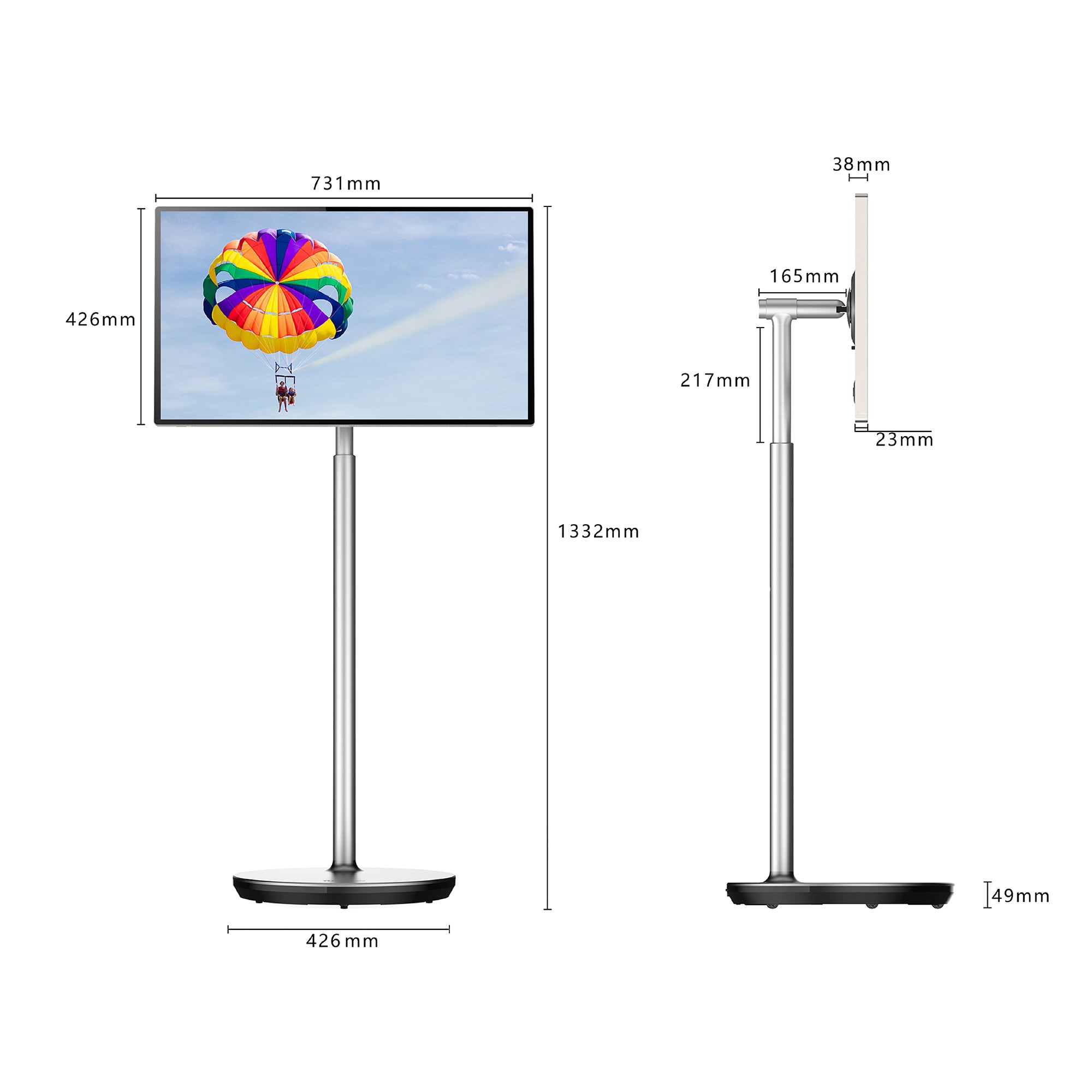 Dimensions of a portable monitor with a screen displaying a colorful parachute.