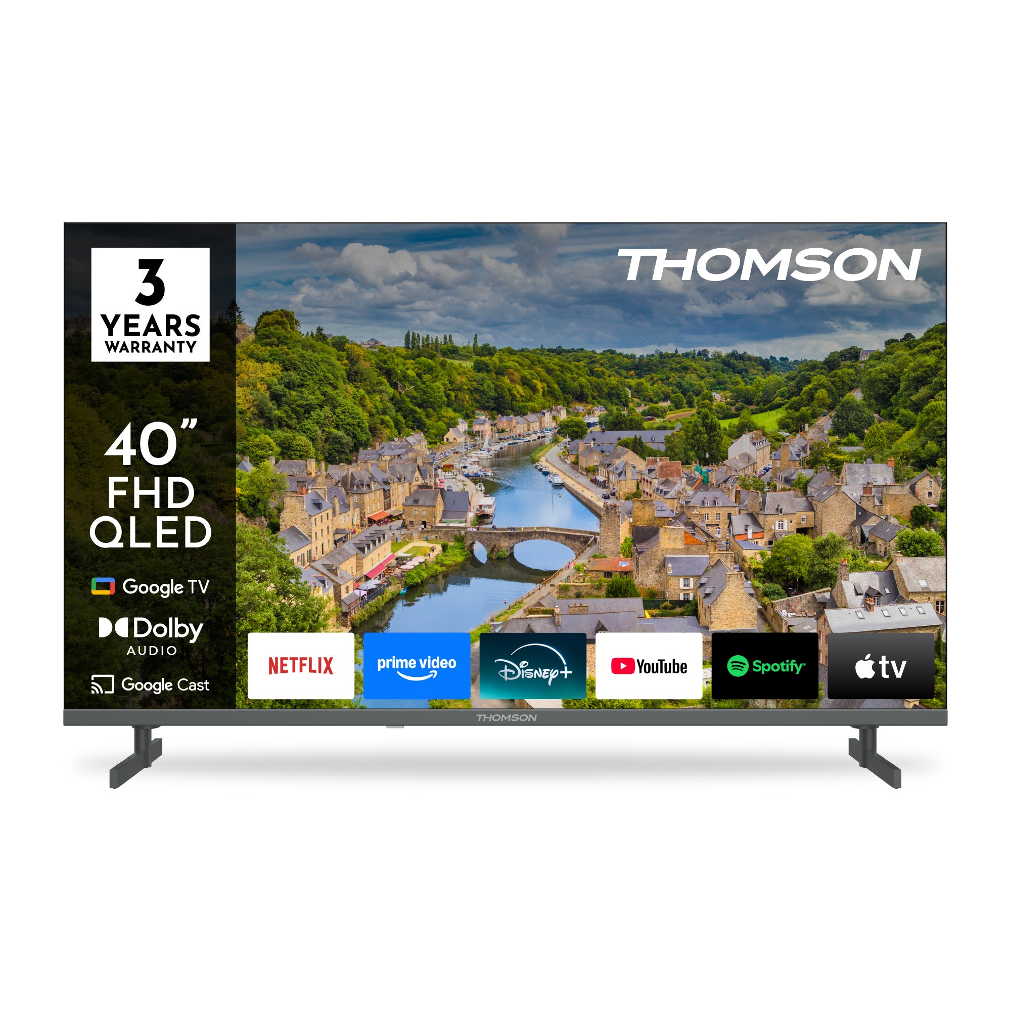 Thomson 40-inch FHD QLED TV displaying a scenic village view with brand logos on the screen.