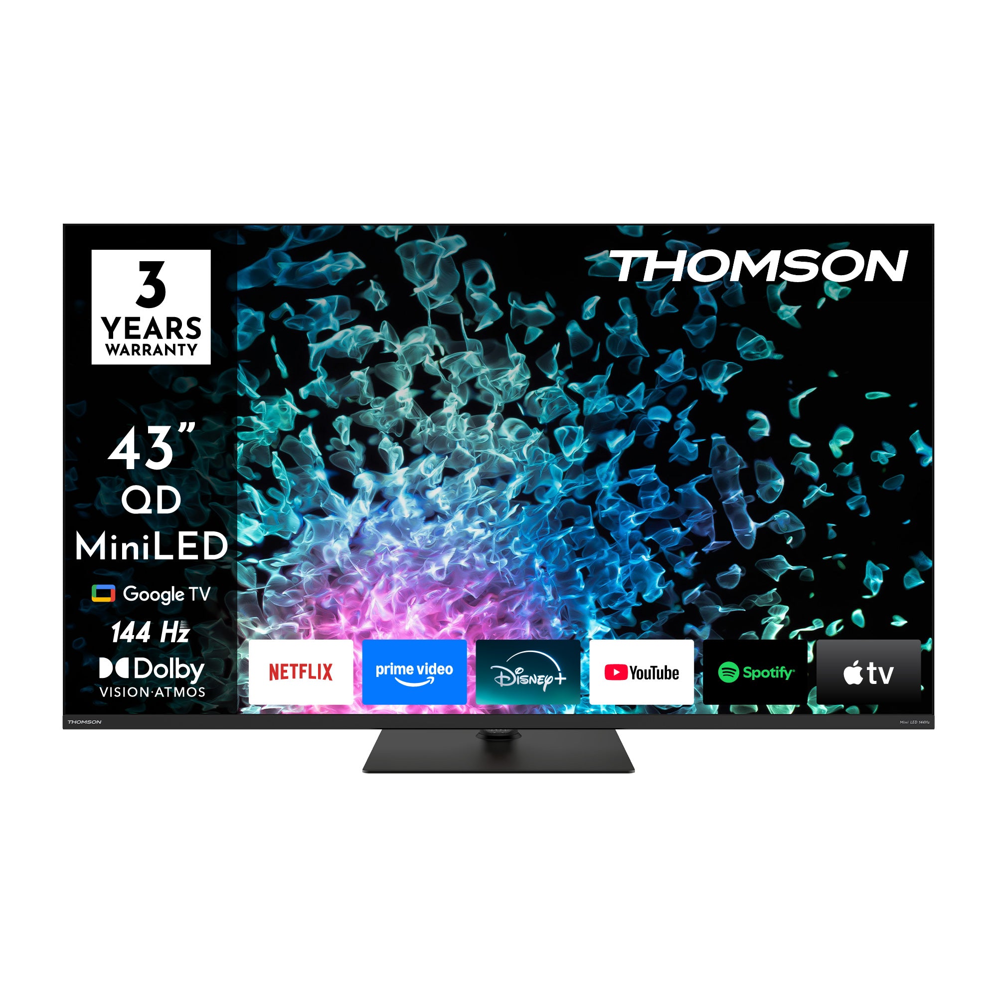 Thomson 43-inch QLED Miniled TV with display of streaming services on a white background