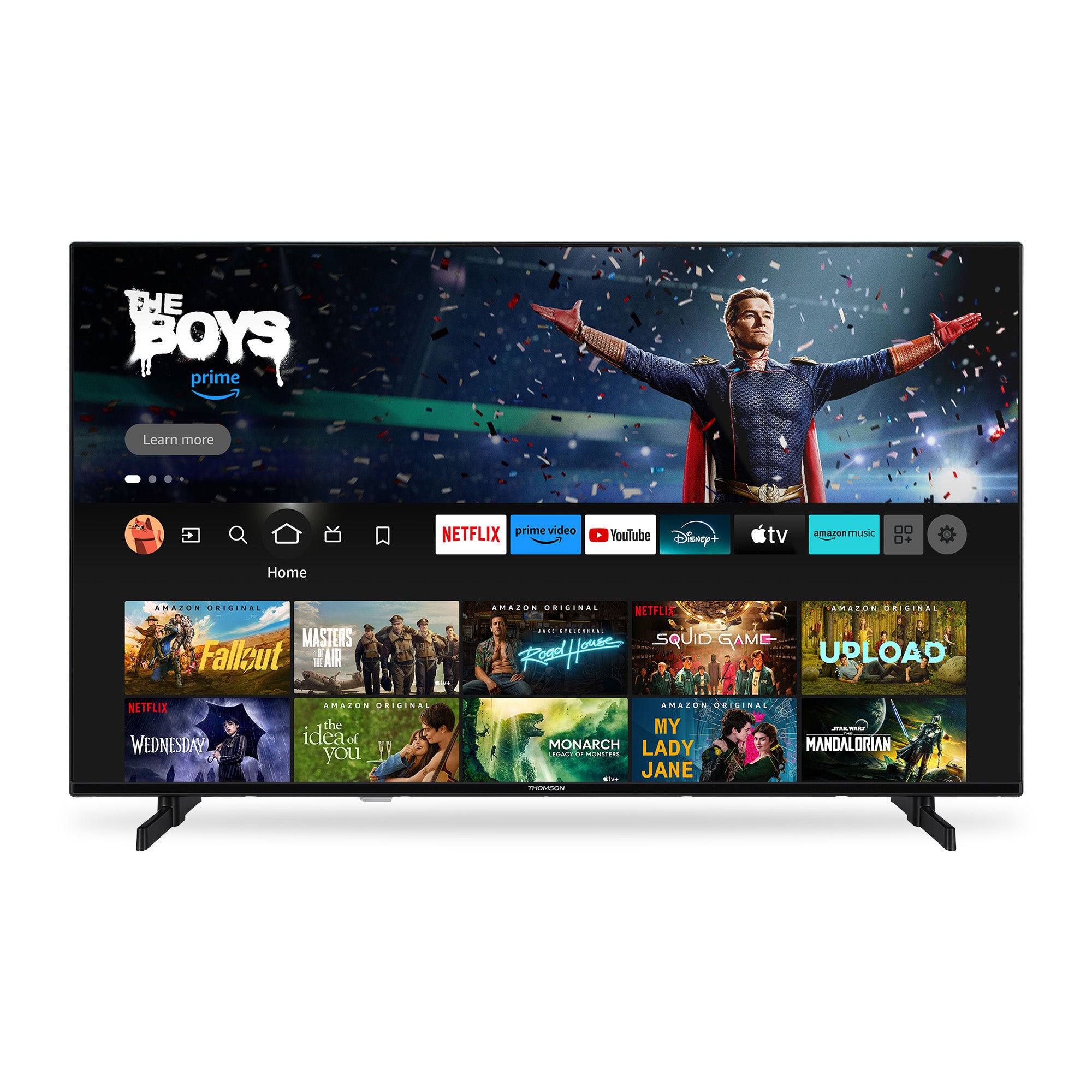 Smart TV displaying a streaming platform interface with various shows and apps.