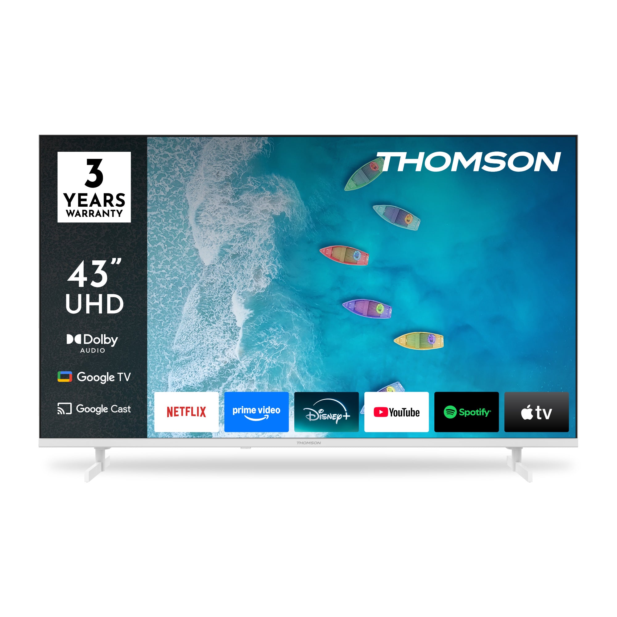Thomson 43-inch UHD TV with app icons on the screen