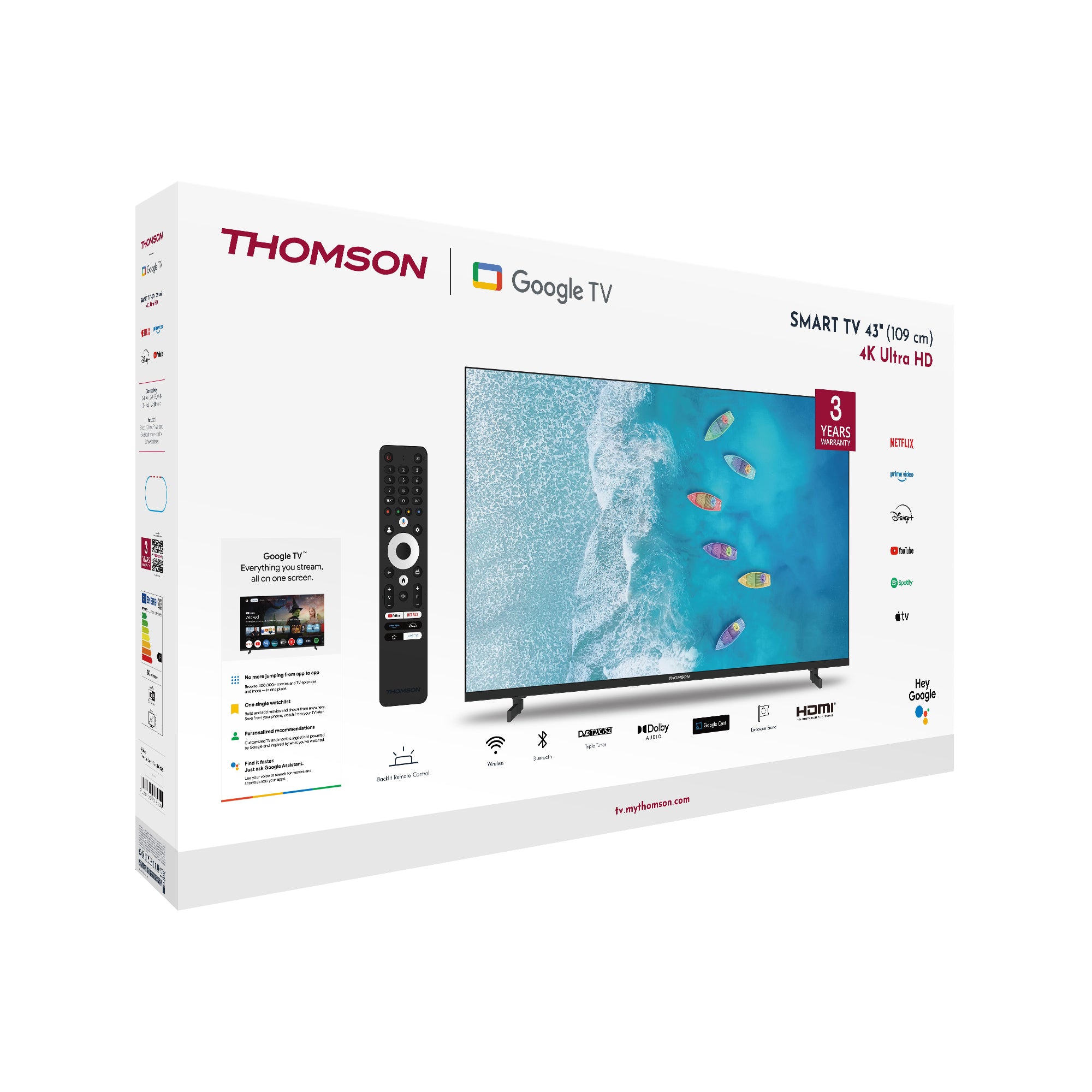Thomson 4K UHD Google Smart TV packaging with screen displaying interface and features.