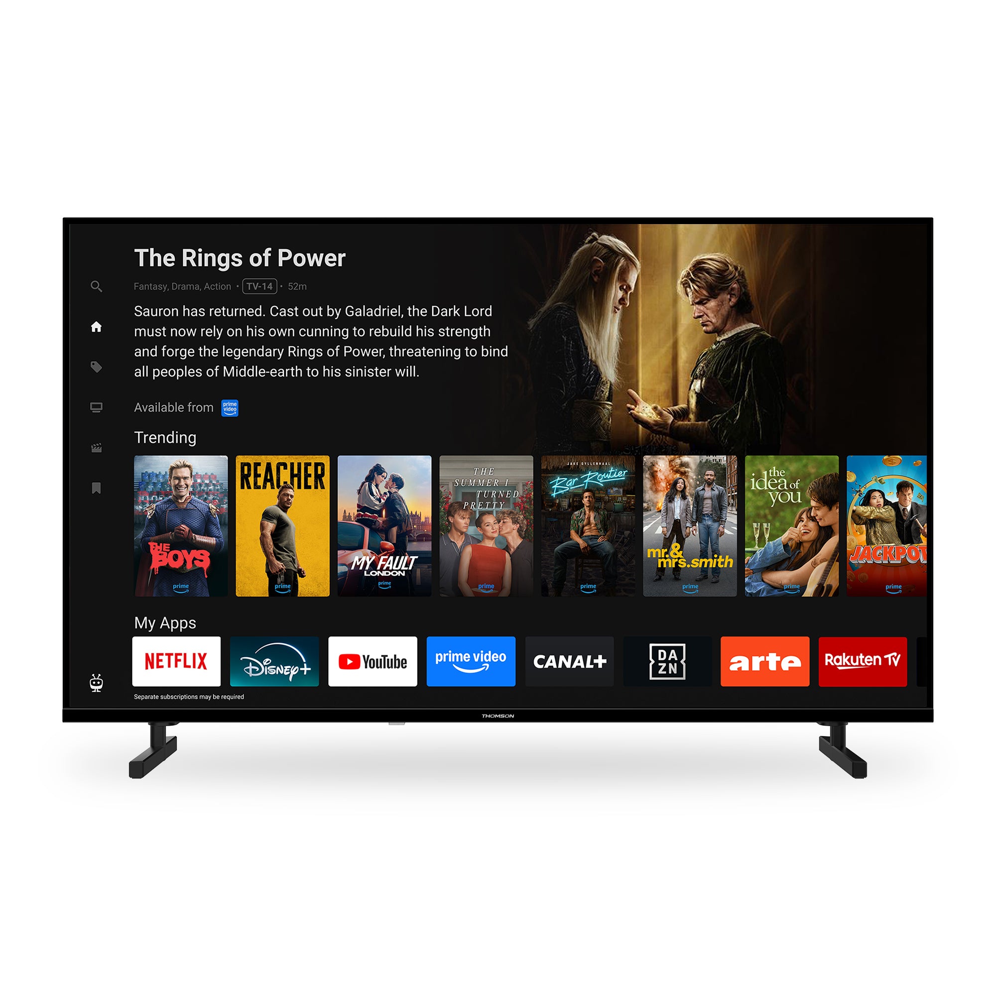 Smart TV displaying a streaming platform interface with various app icons.