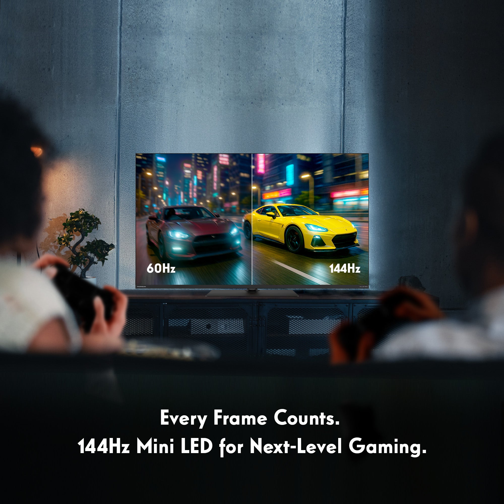 Two people playing video games on a screen displaying high refresh rate graphics.