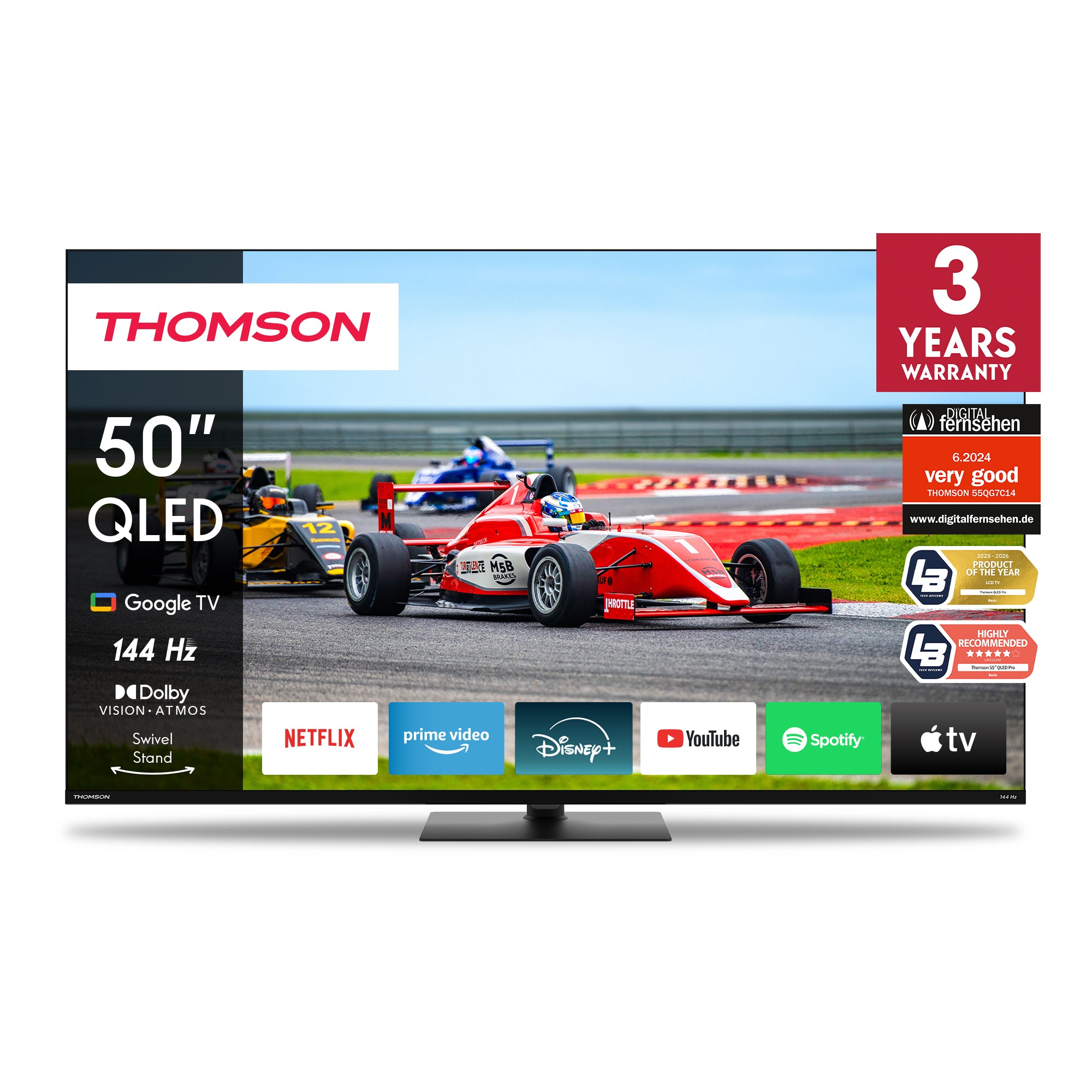 Thomson QLED TV displaying a racing car on the screen with brand logos and features.
