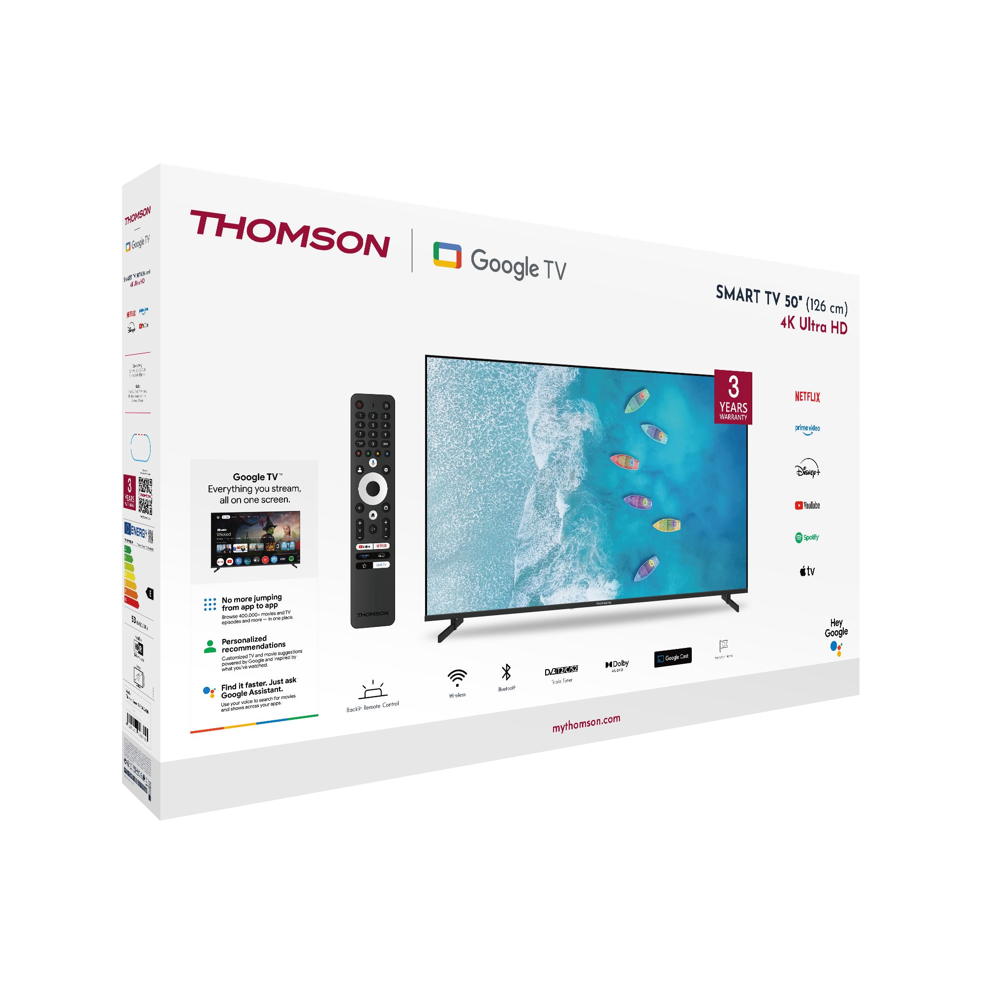 Thomson 4K UHD Google Smart TV packaging with screen displaying interface and features.