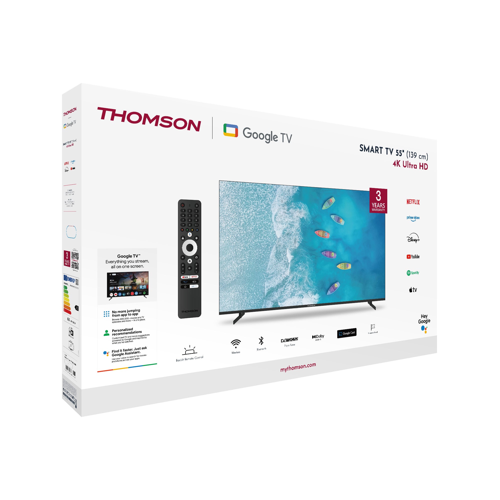 Thomson 4K UHD Google Smart TV packaging with screen displaying interface and features.