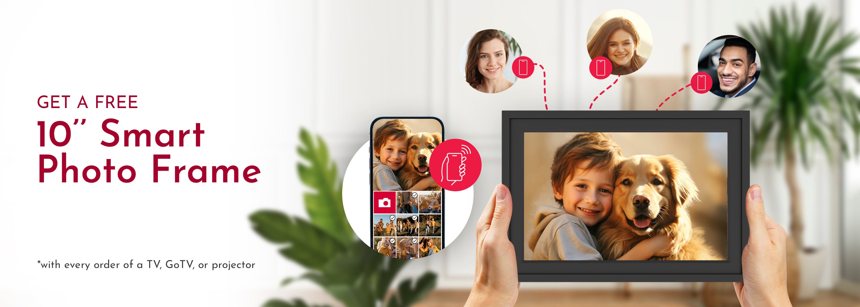 Smart photo frame with digital photos of people and a dog, promotional text for a free 10-inch smart photo frame.