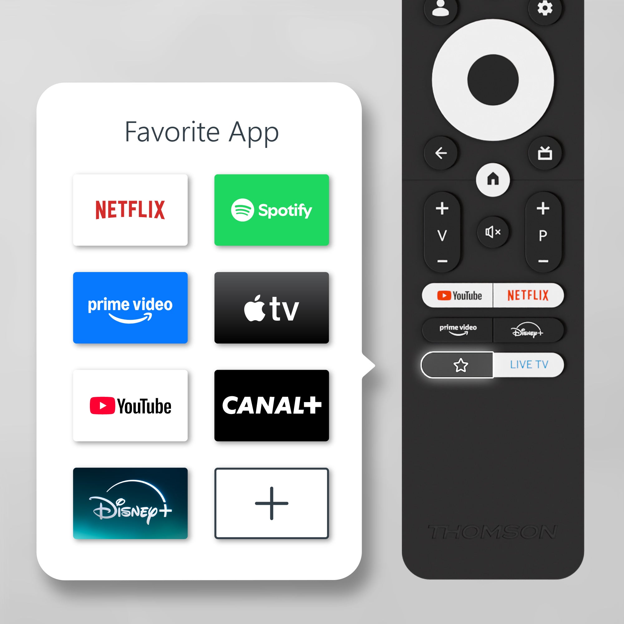 Black remote control with app icons on a gray background