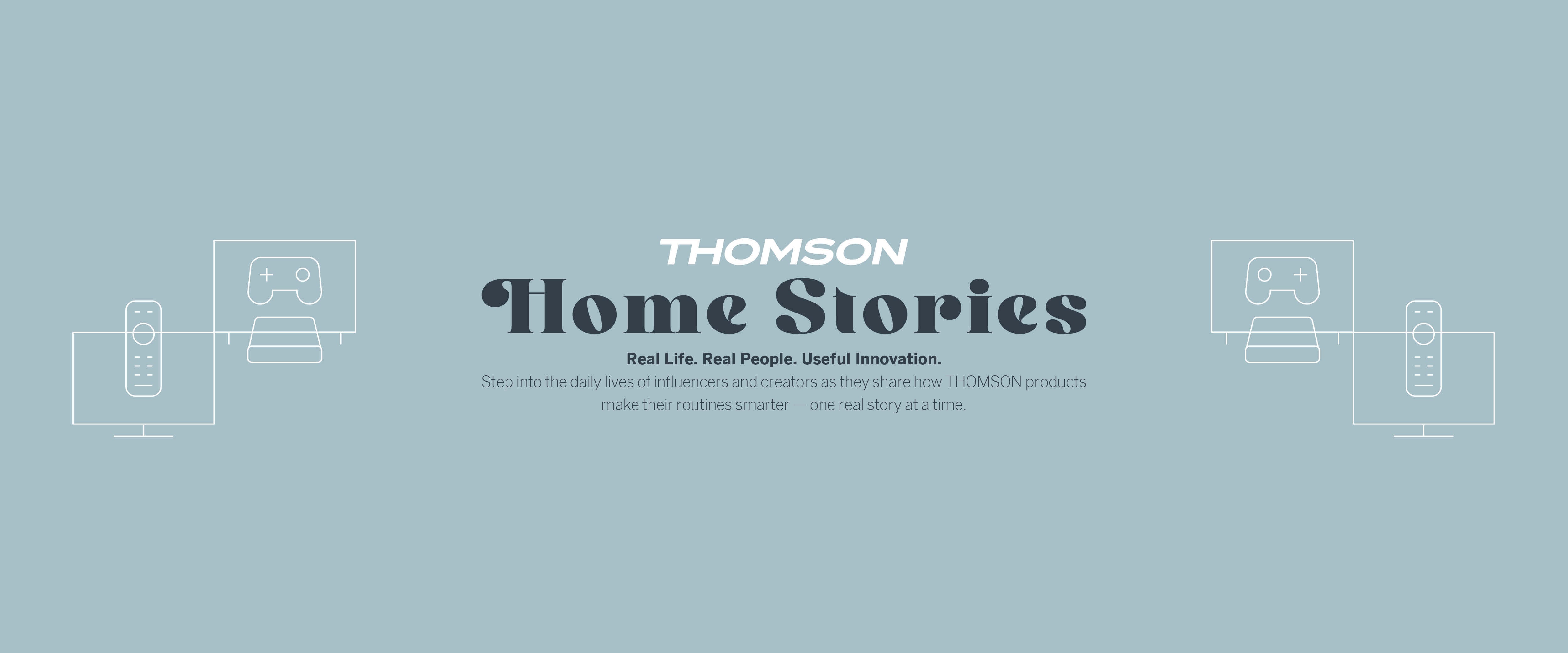 Graphic displaying the title "Thomson Home Stories" in a stylish font, representing home-related narratives.