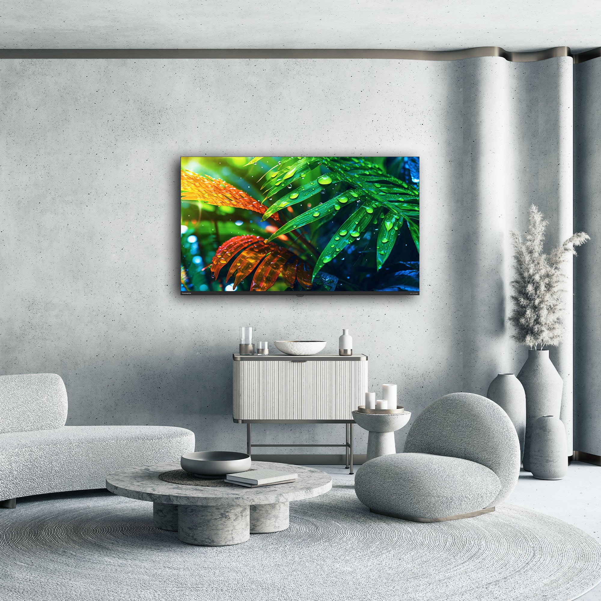 Modern living room with a colorful nature-themed painting on the wall.