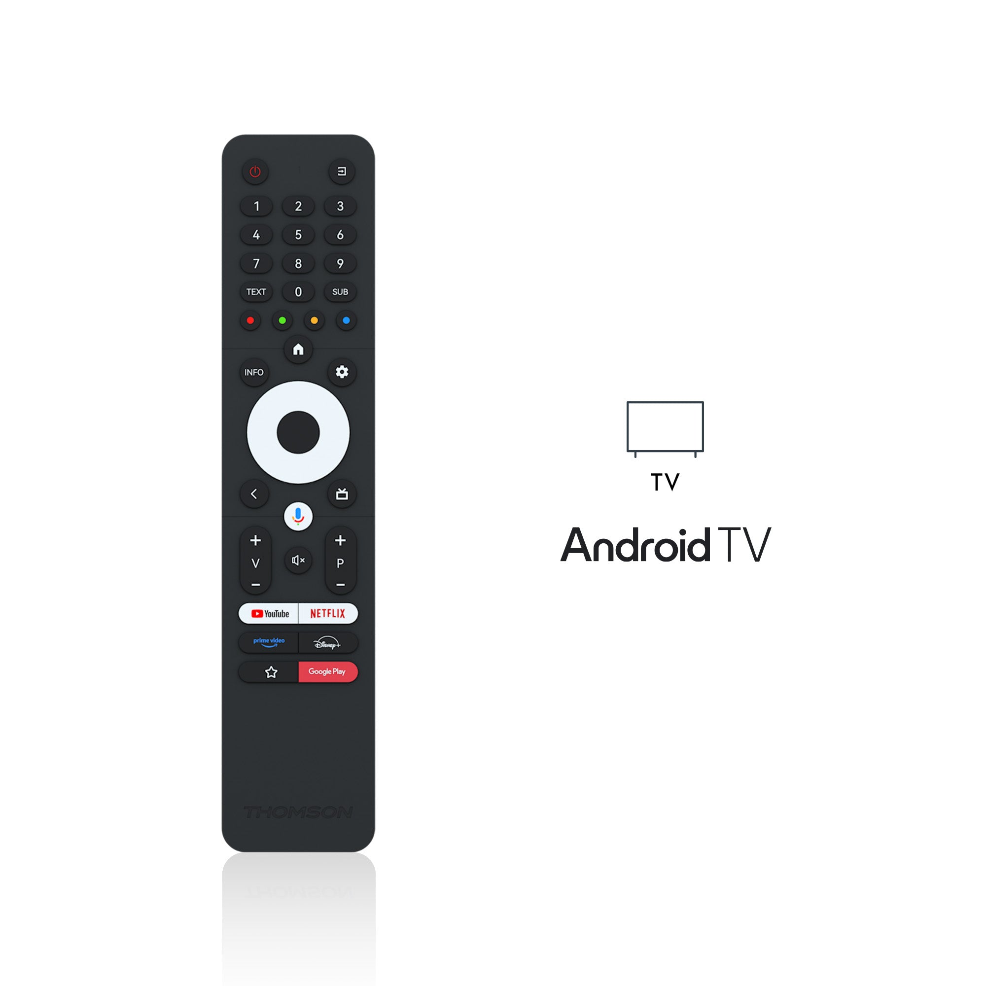 Black remote control with Android TV logo on a white background