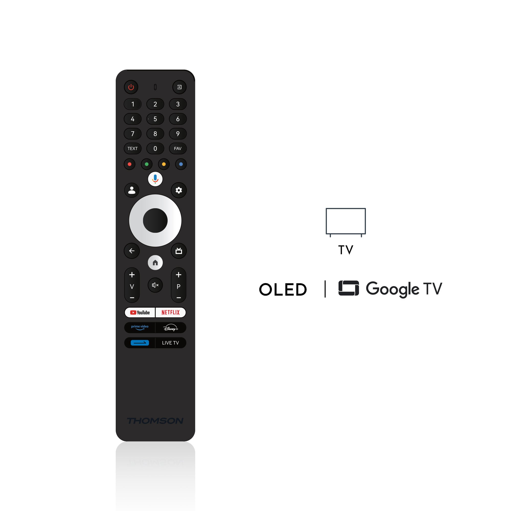 Black remote control with various buttons on a white background, featuring 'OLED' and 'Google TV' text.