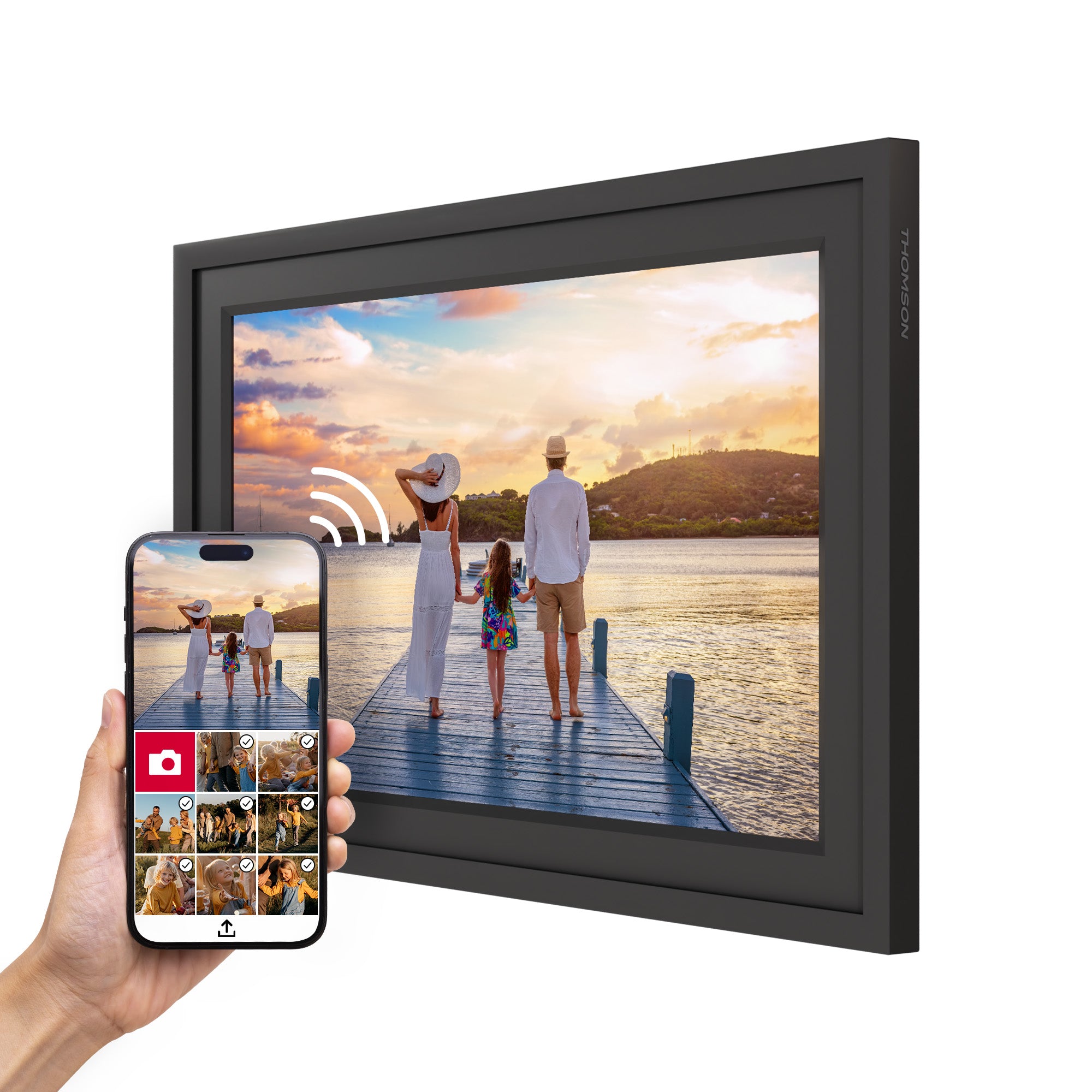 Digital photo frame displaying a family on a dock with a smartphone showing photo selection interface.