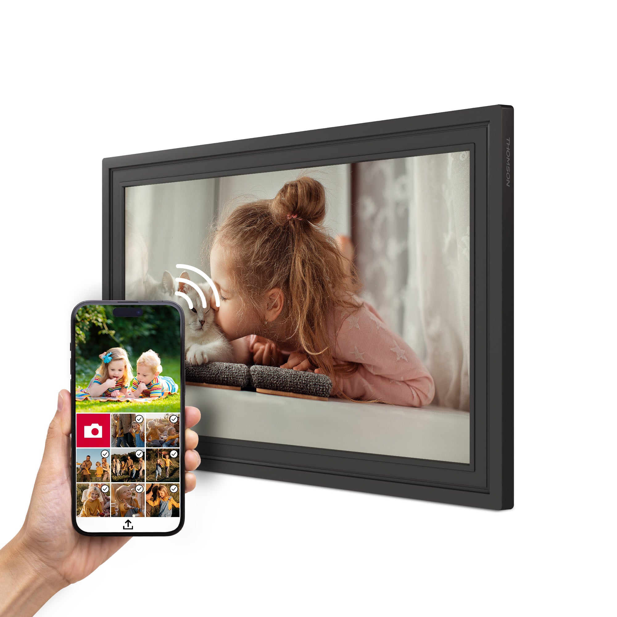 Digital photo frame displaying a child and a smartphone with photo app on a white background