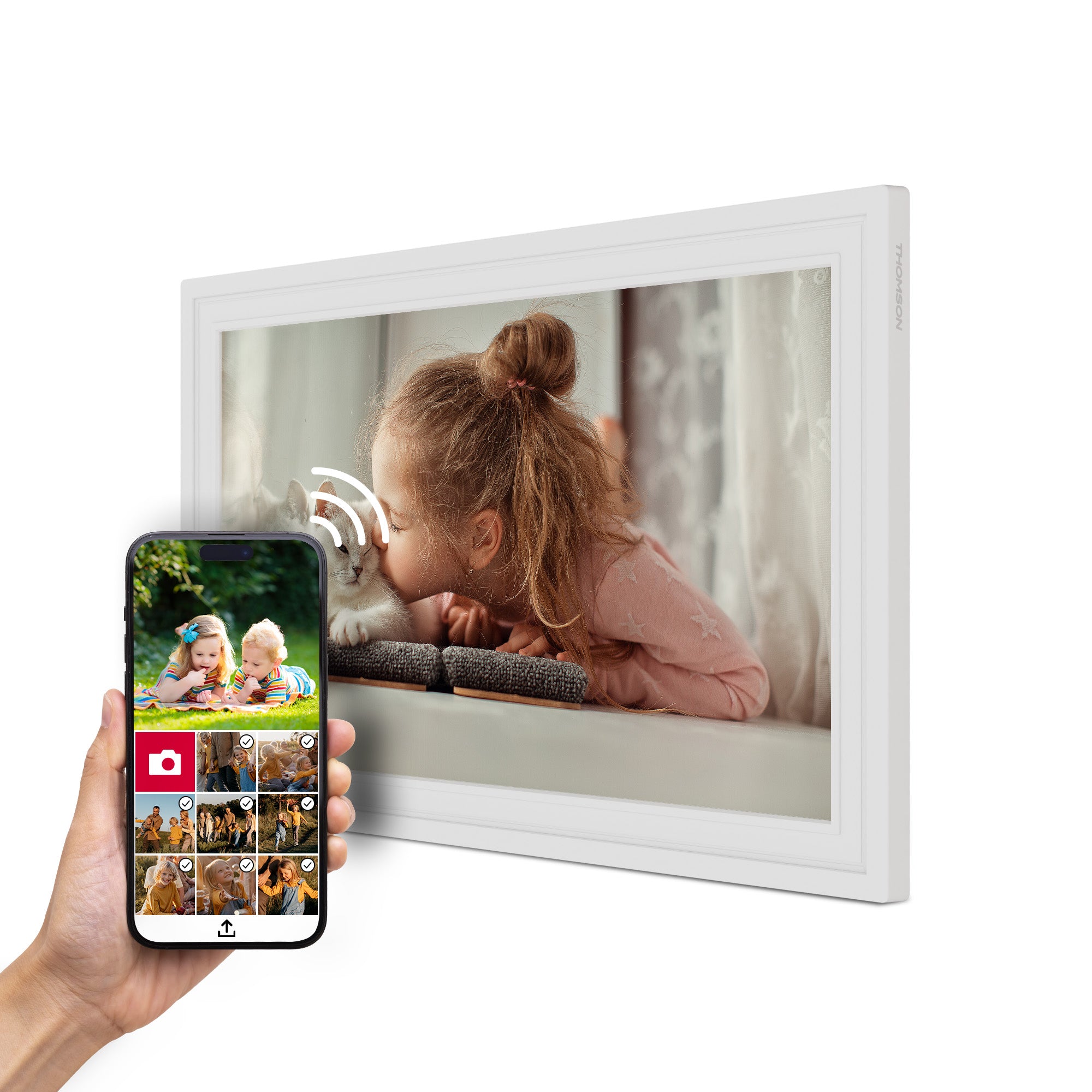 Digital photo frame displaying a child and a smartphone with photo app interface.
