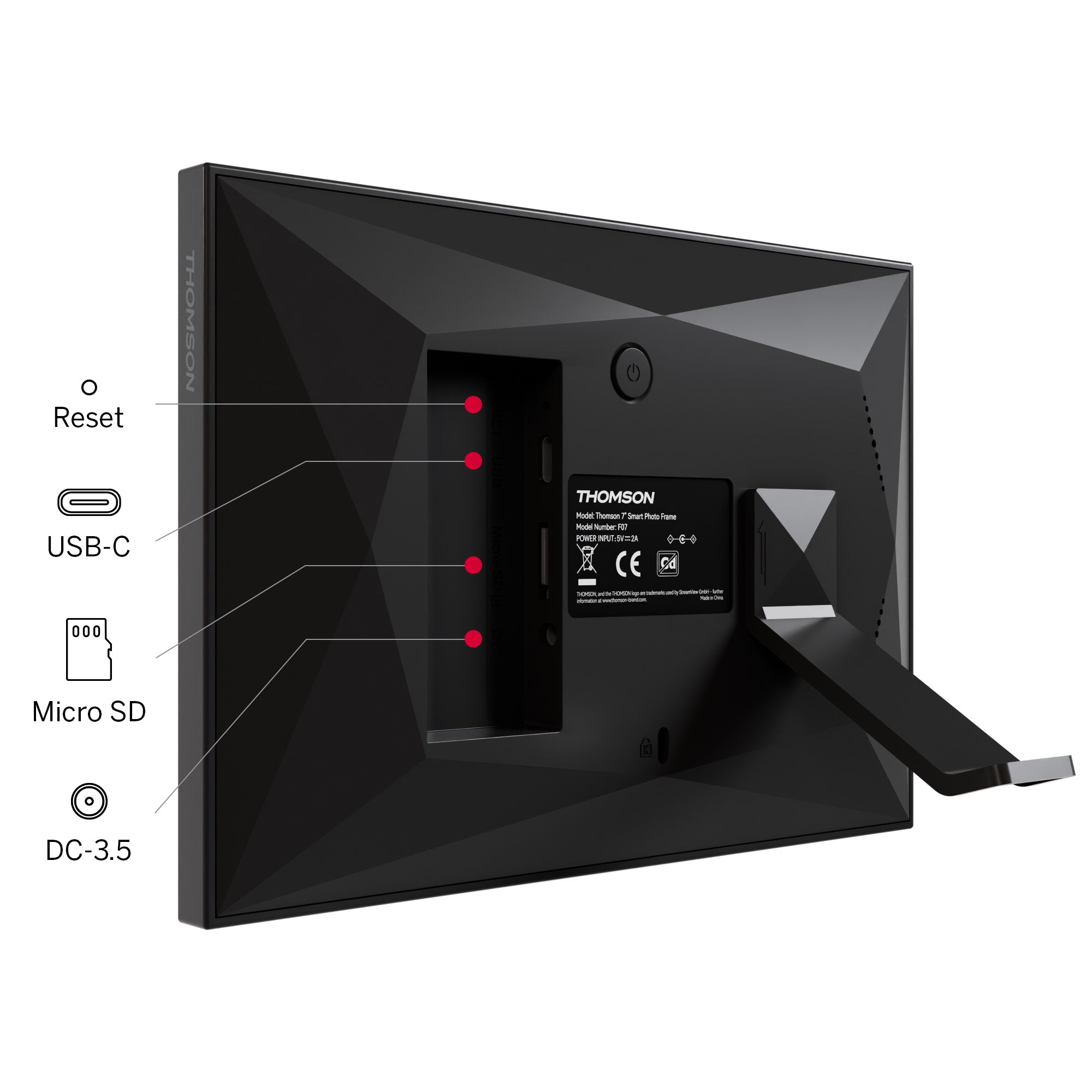 Back view of a black electronic device with connectivity ports labeled on a white background