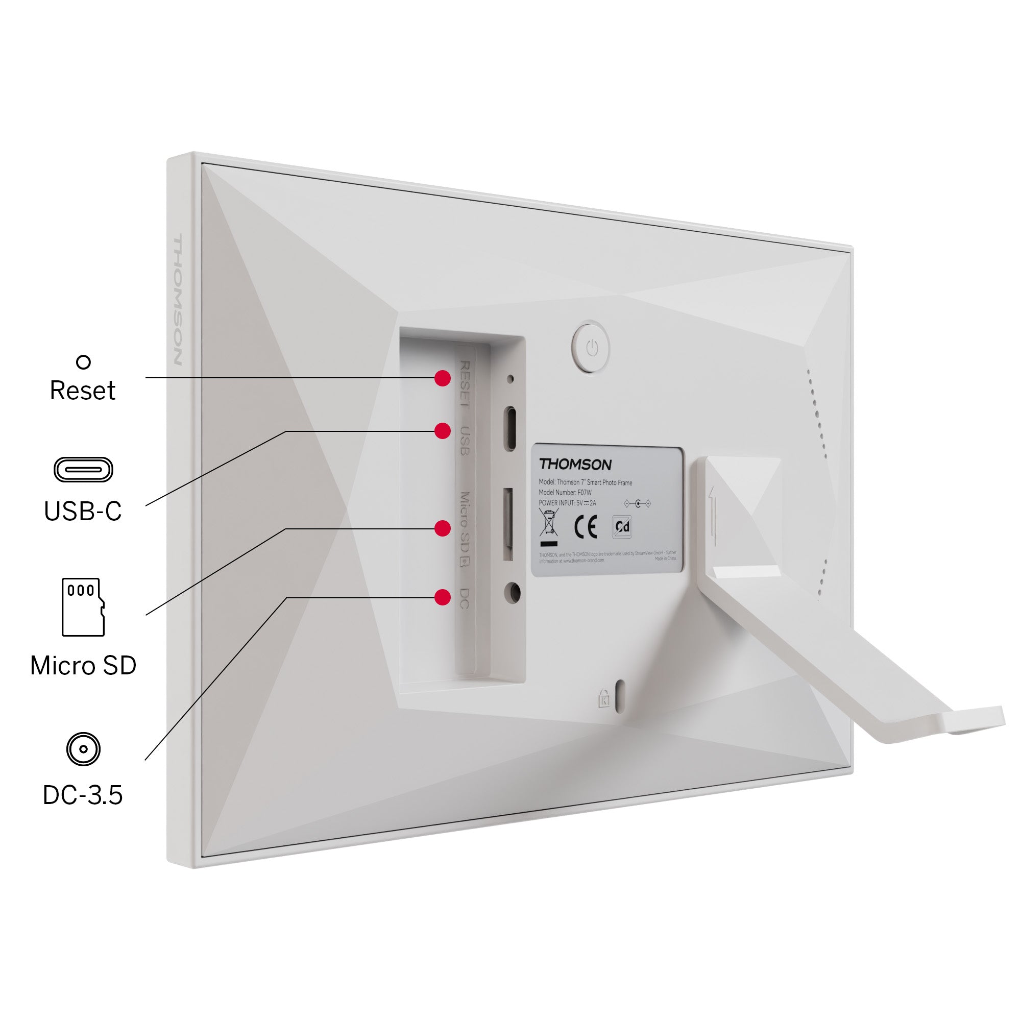 Back view of a Thomson photo frame with ports labeled on a white background