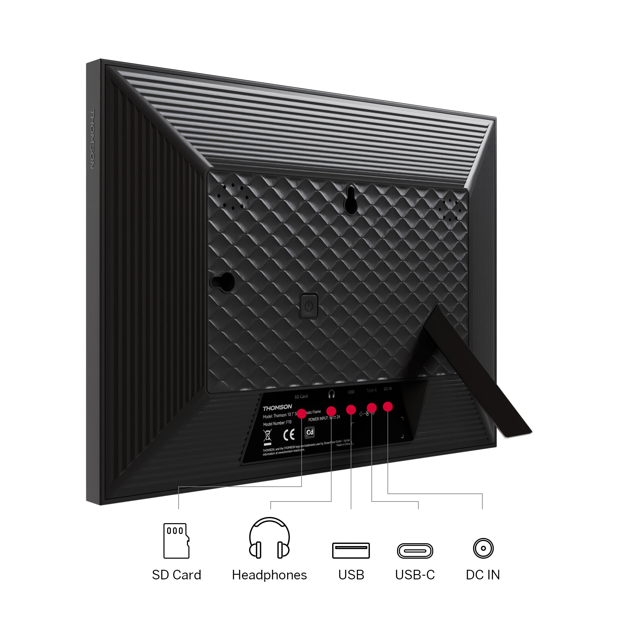 Black electronic device with connectivity ports on a white background