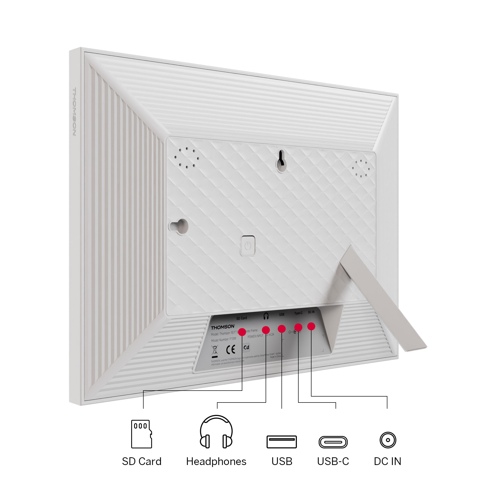 Back view of a white photo frame with connectivity ports on a white background