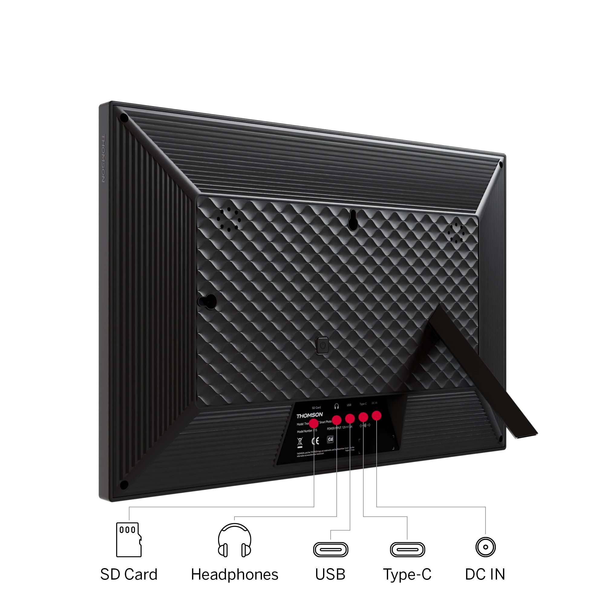 Black digital photo frame with connectivity ports on a white background