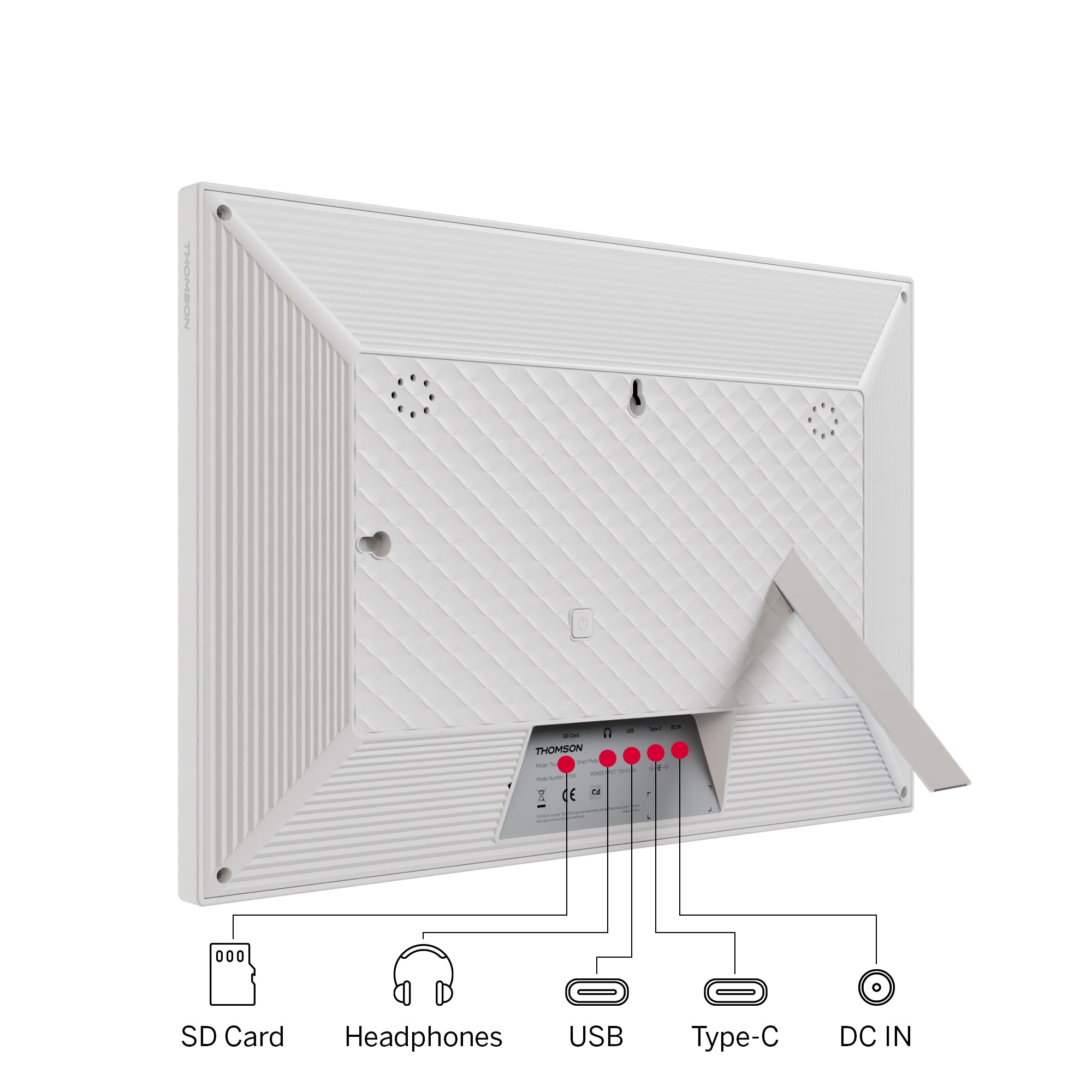 White digital photo frame with labeled ports on a white background