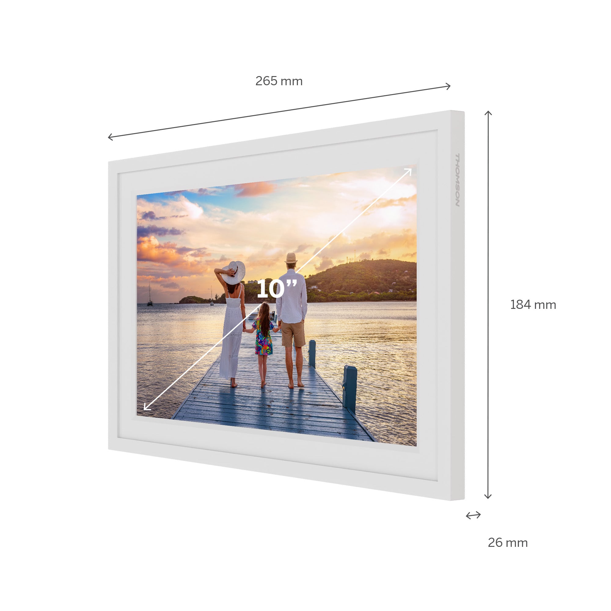 Digital photo frame displaying a family at sunset with dimensions indicated.