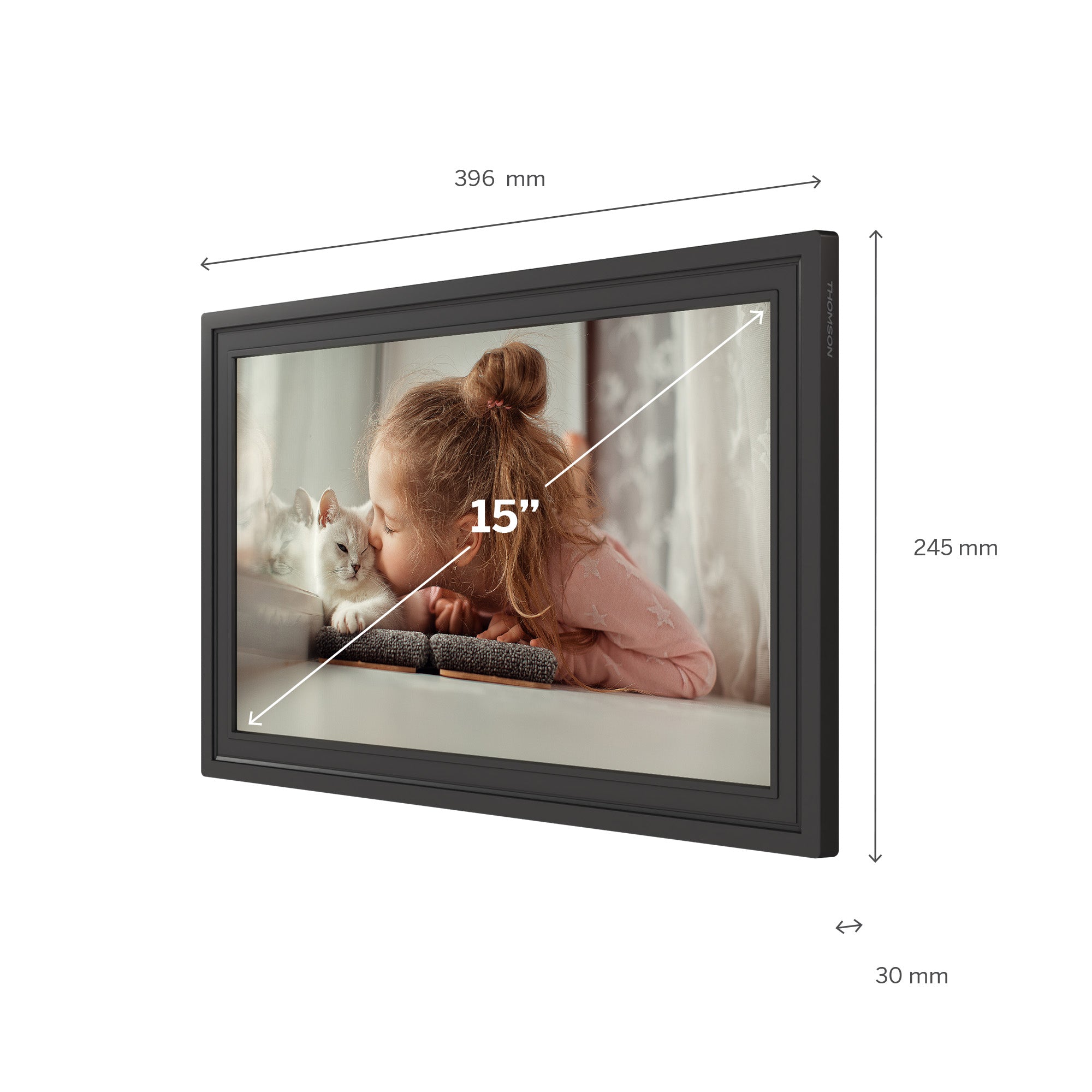 Digital photo frame with dimensions displayed on a white background